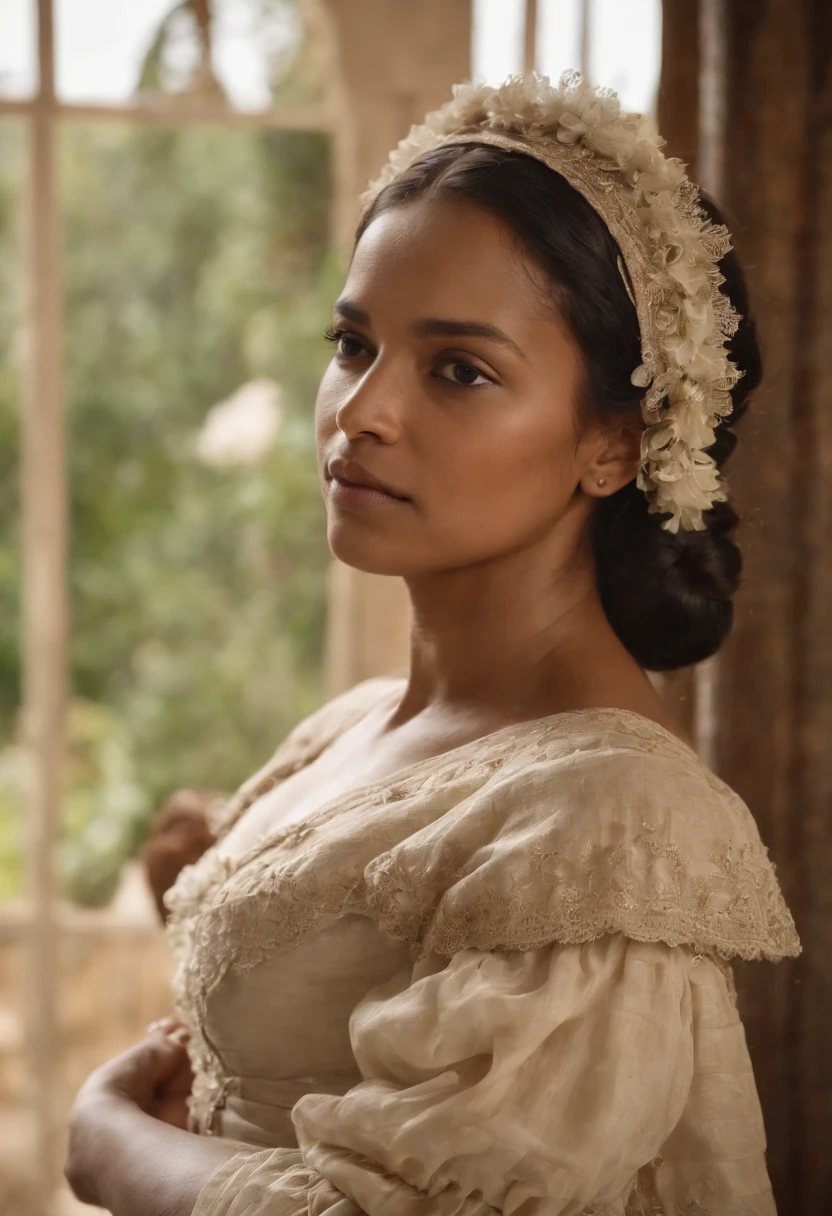 Ranavalona III, Reine de Madagascar, n'est pas indienne, Inside and standing in a colonial house, next to her sister who gave birth, The newborn in her arms. The background shows a French colonial house. Ranavalona wears an elegant dress, And the atmosphere is tense. Image Quality : 4K