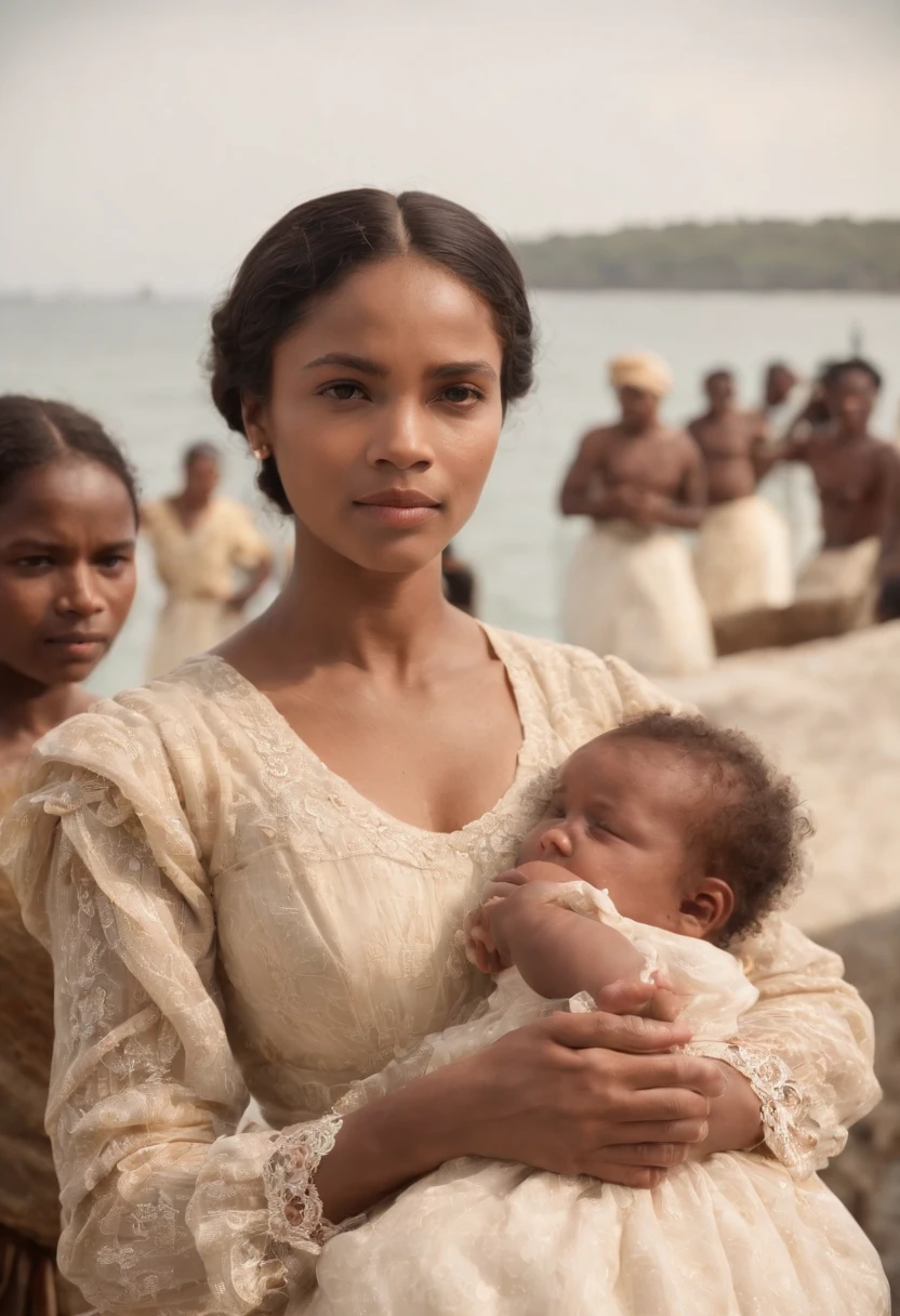 Ranavalona III, the last queen of Madagascar, blasian , embarquant depuis le port de Tamatave en 1897. She is surrounded by her sister and pregnant niece, ready to leave Madagascar for Reunion Island. L'ambiance est lourde, and the harbour is bustling with merchants and boats. Image Quality : 4K.