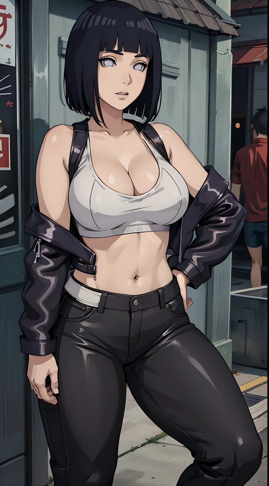 (best quality:1.3), hinata hyuga, busty, cleavage, seductive, sexy, curvy body, leather jacket, pants leather