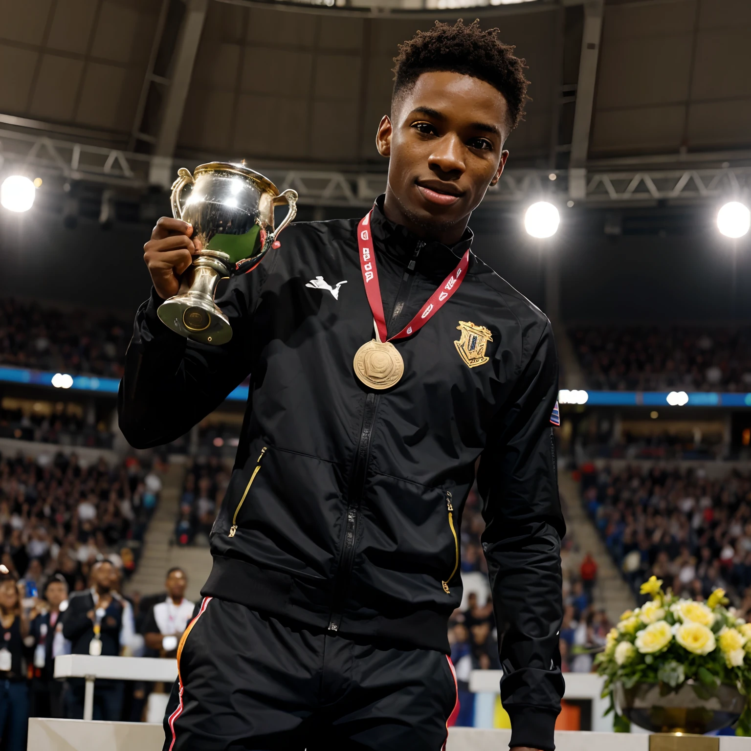 Imagine a young black man on a podium with a trophy and medal