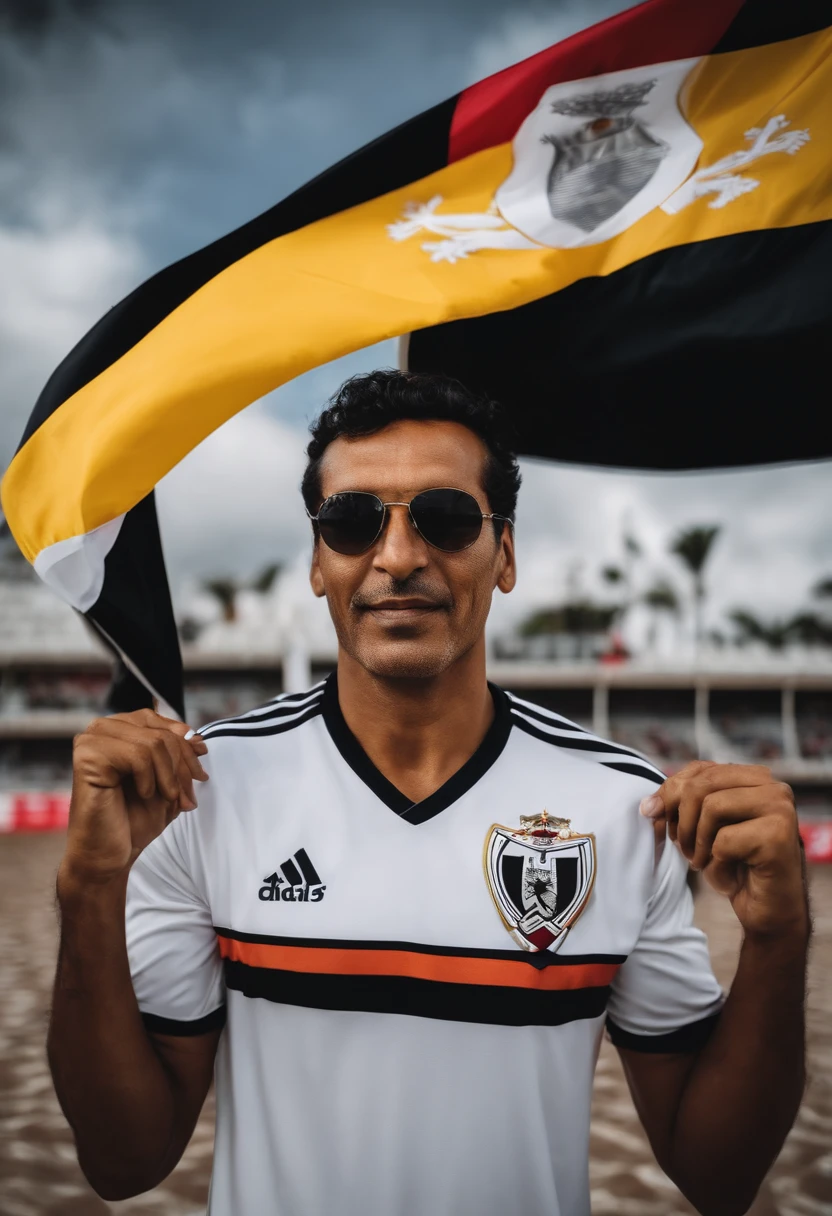 Man from Colombia with flag of Corinthians football team in hands
