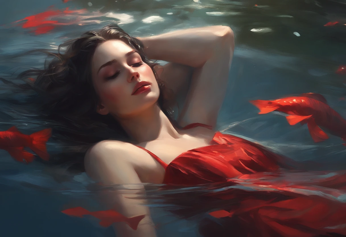 painting of a pretty woman in a red gothic dress lying on her back on the water, submerged in water, dynamic poses, dynamic top view, detailed reflection on the water, horor dramatic moment, aesthetic painting art, vibrant, highly detailed, alots of detail, hyper realistic, artwork in the style of guweiz, deviantart artstation cgscosiety, andreas rocha style, alena aenami and artgerm, beautiful digital artwork, anime style 128k resolution, highly detailed, intricate art, dark lighting, fog, dynamic composition, by Raymond Han, cgsociety contest winner, stunning art style, cgsociety contest winner!!