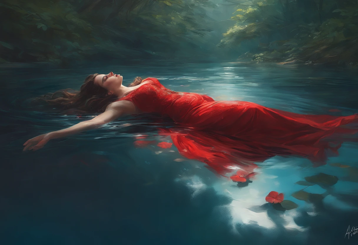 painting of a pretty woman in a red gothic dress lying on her back on the water, submerged in water, dynamic poses, dynamic top view, detailed reflection on the water, horor dramatic moment, aesthetic painting art, vibrant, highly detailed, alots of detail, hyper realistic, artwork in the style of guweiz, deviantart artstation cgscosiety, andreas rocha style, alena aenami and artgerm, beautiful digital artwork, anime style 128k resolution, highly detailed, intricate art, dark lighting, fog, dynamic composition, by Raymond Han, cgsociety contest winner, stunning art style, cgsociety contest winner!!