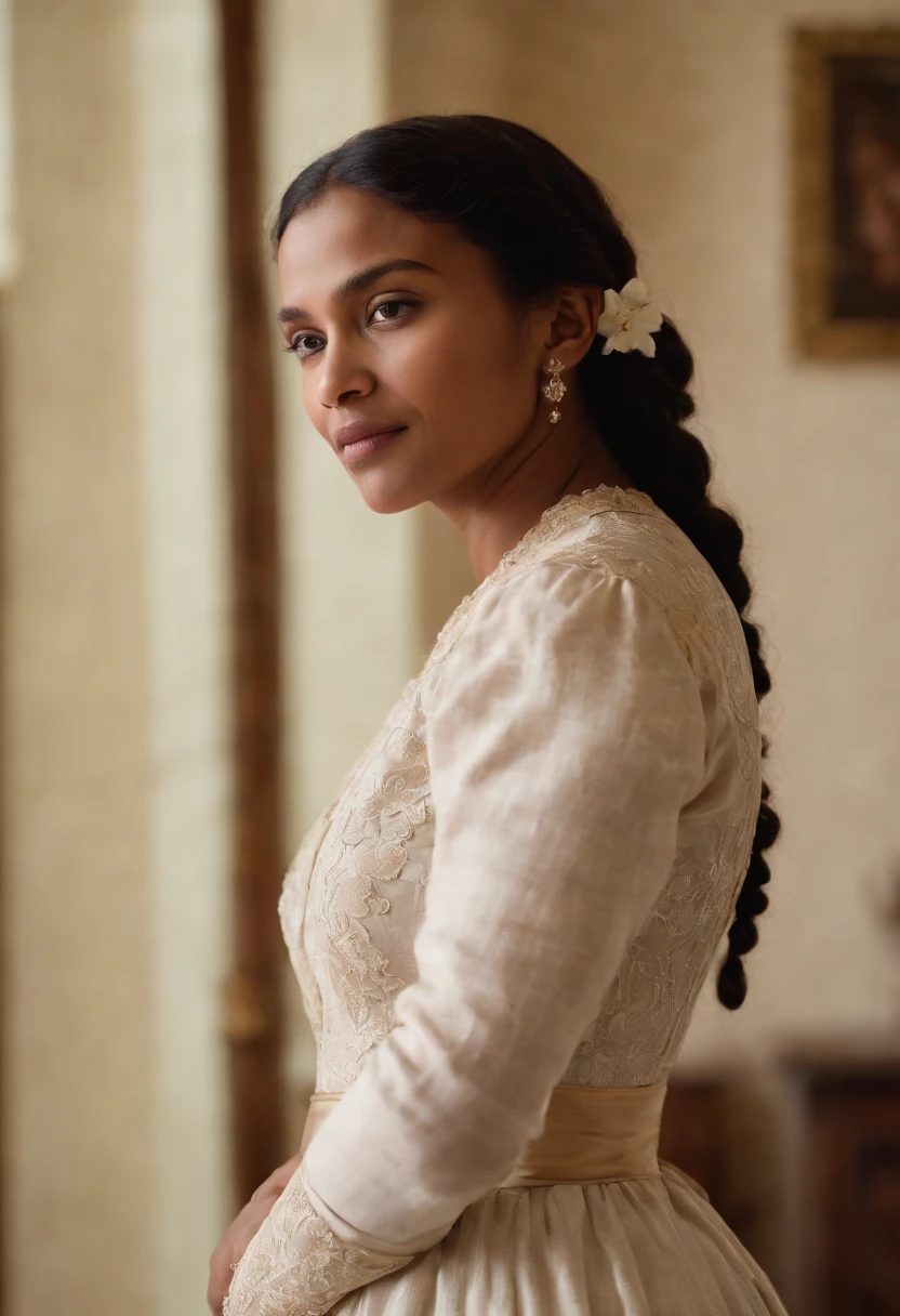 Ranavalona III, Reine de Madagascar, n'est pas indienne, Inside and standing in a colonial house, next to her sister who gave birth, The newborn in her arms. The background shows a French colonial house. Ranavalona wears an elegant dress, And the atmosphere is tense. Image Quality : 4K