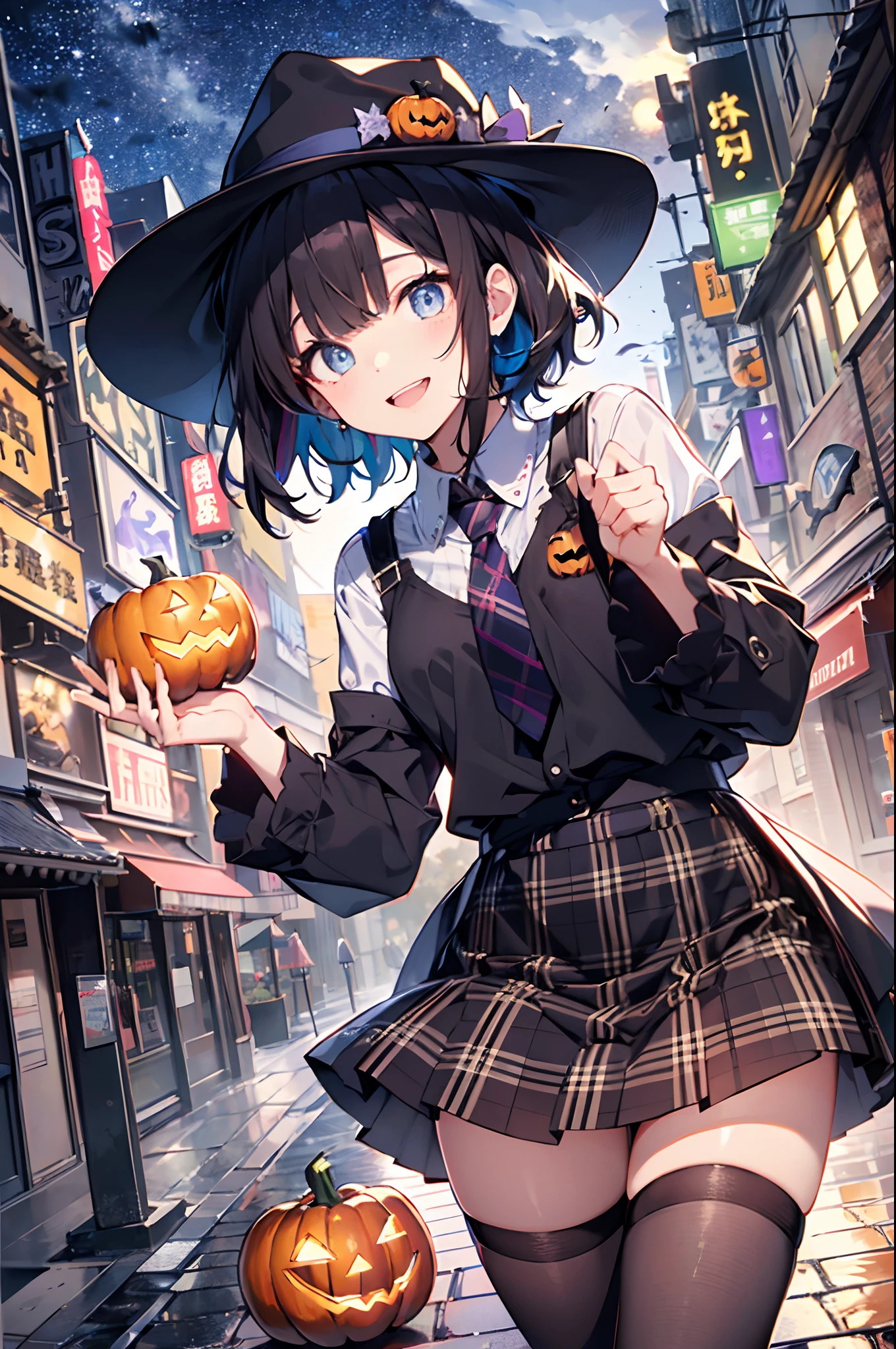 (top-quality、in 8K、32K、masterpiece、nffsw、超A high resolution、Impresionismo、Photorealsitic:1.2)、cowboy shot、foco nítido、detailed faces and eyes、(Tokyo at night、Halloween Decorations、The ghost is flying、Ghost pumpkin、Very colorful、Vivid Color:1.2)、(Very colorful night sky、Colorful ghosts flying in the sky)、Sharp pupils、Realistic pupils、beauitful face、blurry backround、18 year old beautiful girl、shinny skin、Bery short hair、Beautiful dark brown hair、Blunt bangs、Dark blue eyes、Wizard Hat、cloaks、Shirt、Halloween tie、Plaid miniskirt、Black socks、(Holding a skirt in your right hand、Lifting skirt:1.3)、(Raise your left arm)、(Happy expression on face:1.2)、dynamicposes