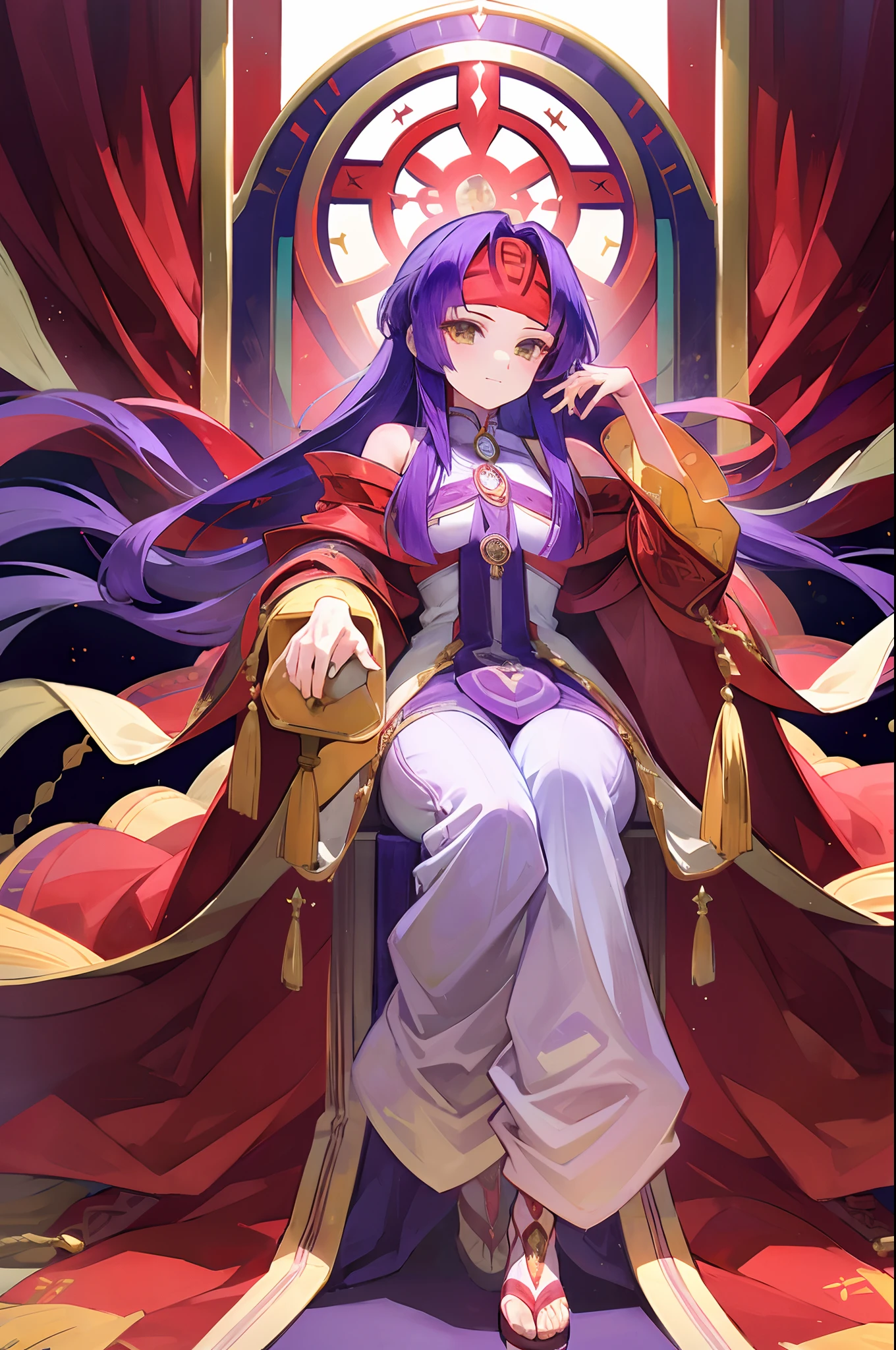 Sanaki_fe, long_dress, long_sleeves, purple_hair, long hair, headband, wide_sleeves, yellow_eyes, sandals, robe, baggy white pants, sitting on a throne, indoors, fancy regal red golden throne, smirk