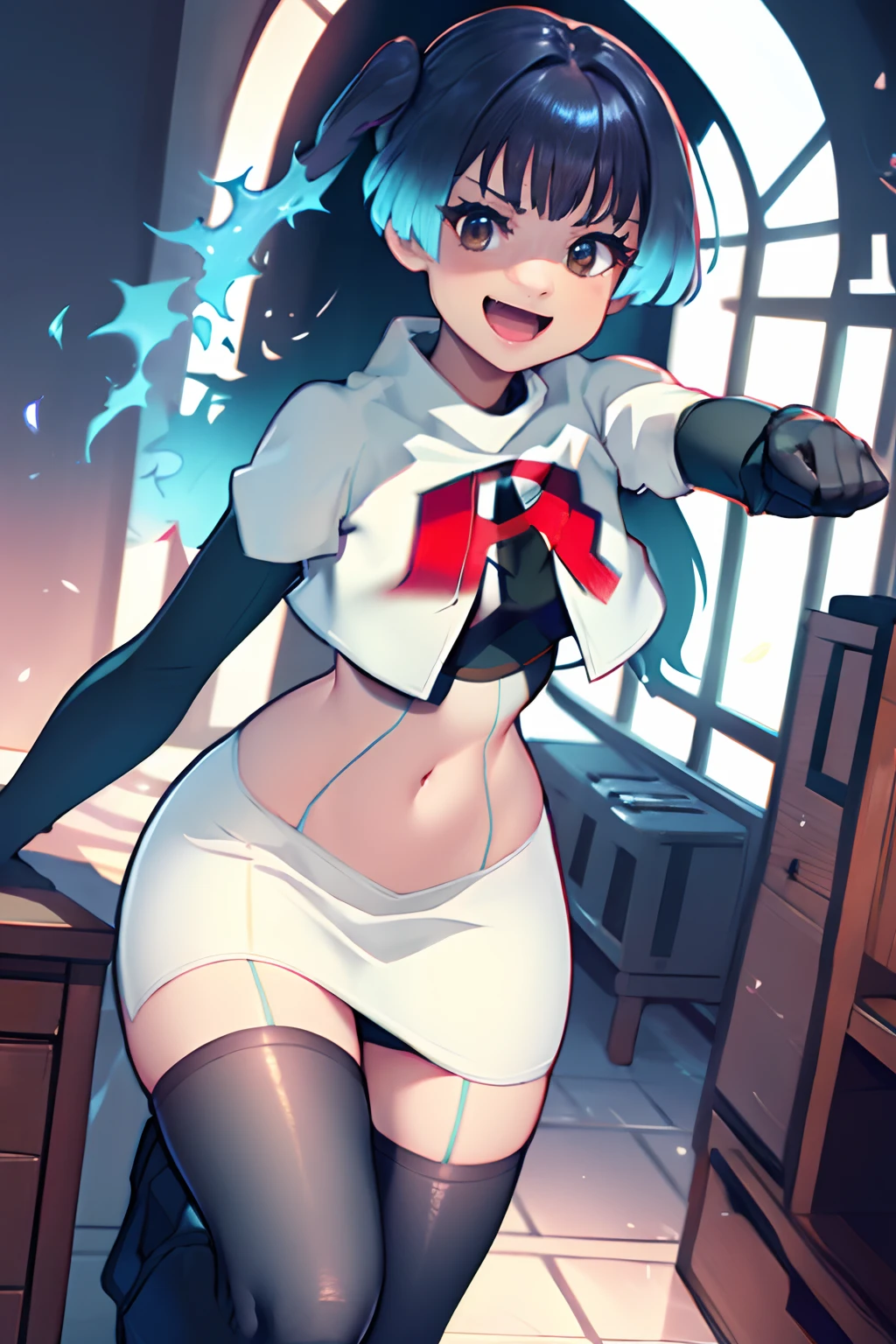 face of sena \(xenoblade\), 1girl,team rocket,team rocket uniform, red letter R, white skirt,white crop top,black thigh-highs,black elbow gloves,evil laugh, dancing