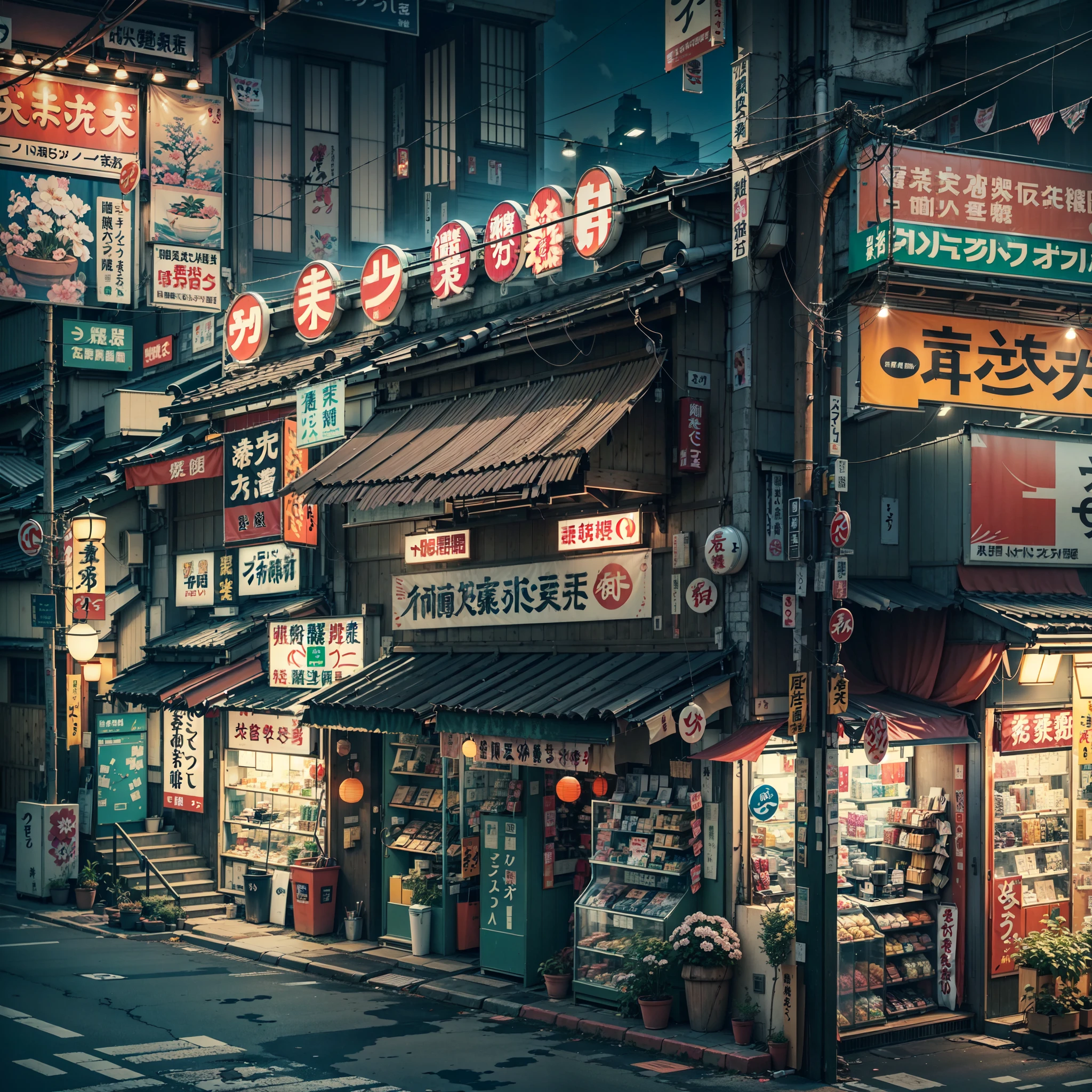 anime background, anime wallpaper, best quality, anime, anime style, anime vibe, anime scene, retro tokyo shop, 80s style japanese retro shop, shop on the side of a road where the road is overlooking the city, japan, nighttime, night time, night, dark, scene lit up from the shop, big retro japanese shop signs, japanese shop banners, japanese billboards, japanese shop signs, japanese signs, japanese banners, banners, plant pots, trash cans, air vents, gutters, telephone wires, wires, cables, air ventilation systems, (no one: 1), no one in sight, empty scene