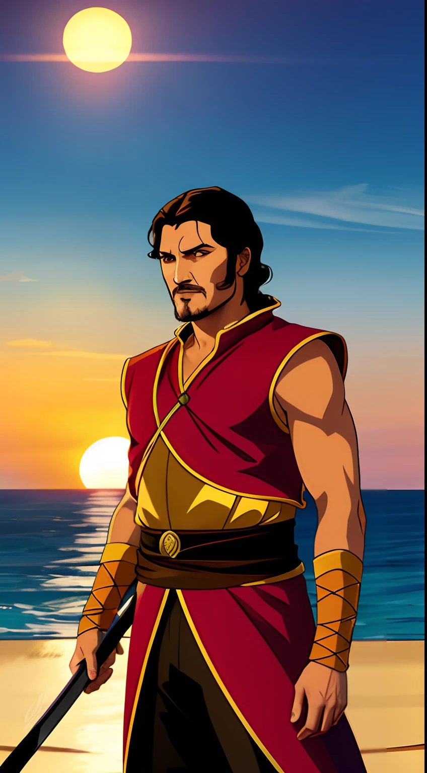 Oberyn Martell em cima da proa do navio, espada apontada ao por do sol, filtro dourado, roupa de pirata, comic