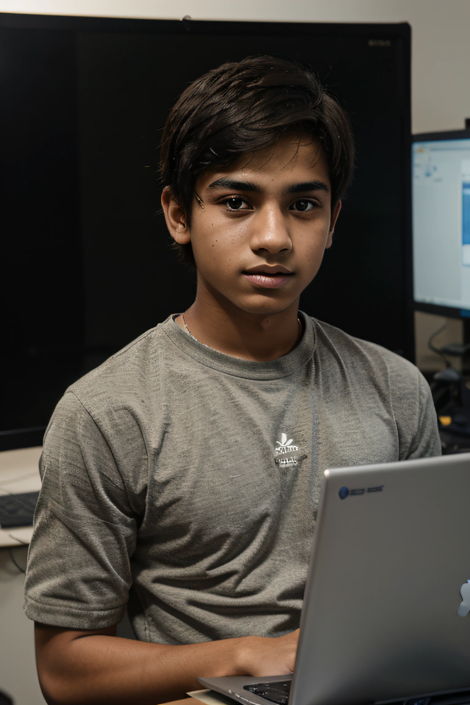 An cool indian school boy whose age is near 18 with eye glass and computer and rg lights in backgrounds in bis computer studio
