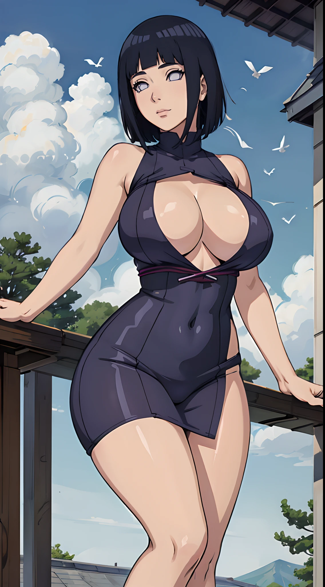 (best quality:1.3), hinata hyuga, busty, cleavage, seductive, sexy, curvy body, flying birds, blue sky