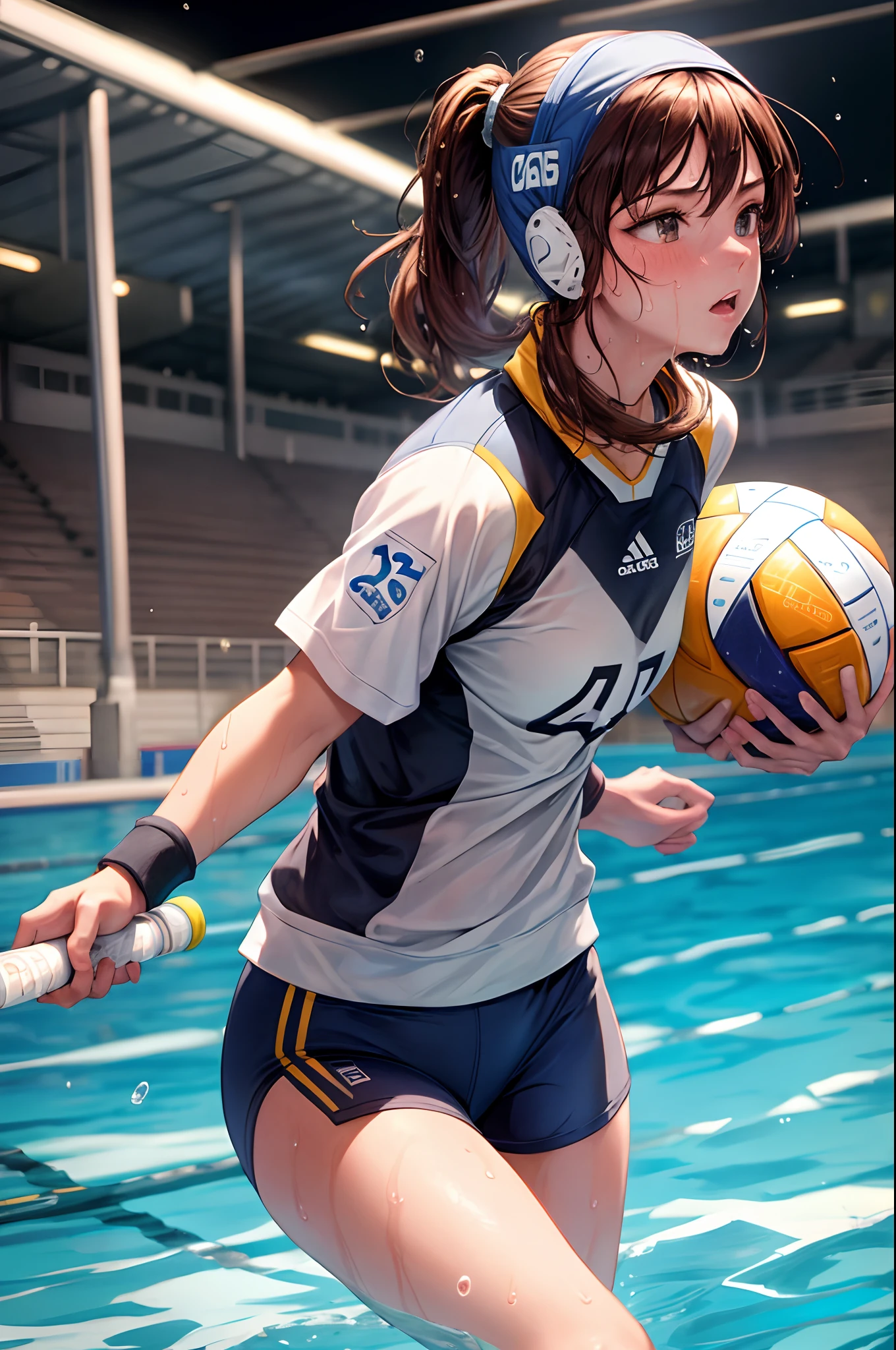 (Best Quality,8K,hight resolution,masuter piece:1.2),Ultra-detailed,Realistic:1.37,Portrait,Dynamic Angle,(Female Water Polo Players) ,Teenage girl,small head,Cute,Sporty,Charming face,Detailed beauty face,Very realistic skin,Wet skin,Sweat,Large breasts,nice legs ,Sporty,Water Polo Venues　,Cinematic lighting,