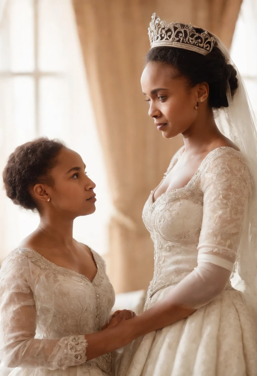 Two Malagasy women, the first is the Queen of Madagascar standing with a pretty queen's dress, without a crown, and the second in a bed with a