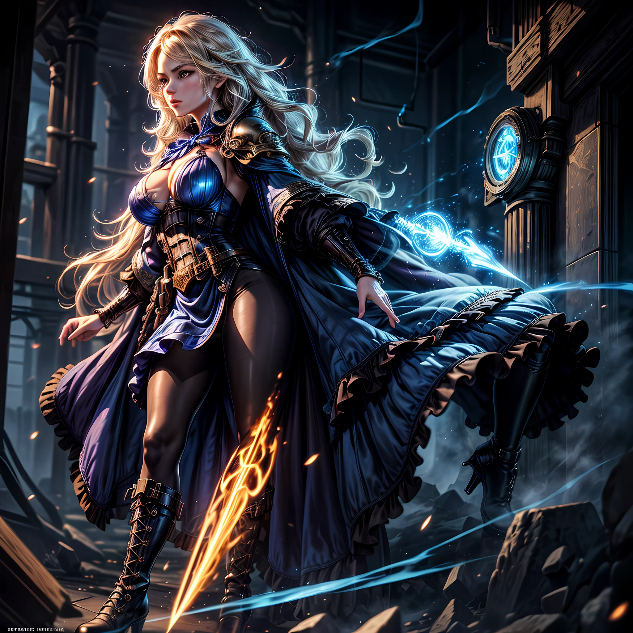 ffantasy art, steampunk art, RPG art, photograph, RAW,  Best Detailed, picture of a mecha woman wizard, standing proudly, manipulating magical blue fire, extremely beautiful woman (best Detailed, Masterpiece, Hyperrealistic: 1.5) blond hair, rich hair, wavy hair, dynamic eyes color, wearing black and white dress, wearing (white cloak: 1.2), wearing (pantyhose: 1.2), wearing high heeled boots, laces boots, make up, steampunk laboratory background, ultra best realistic, best details, best quality, 16k, [ultra detailed], masterpiece, best quality, (extremely detailed), ultra wide shot, photorealism, depth of field, hyper realistic painting, GlowingRunes_purple, blue fire, mechanical parts
