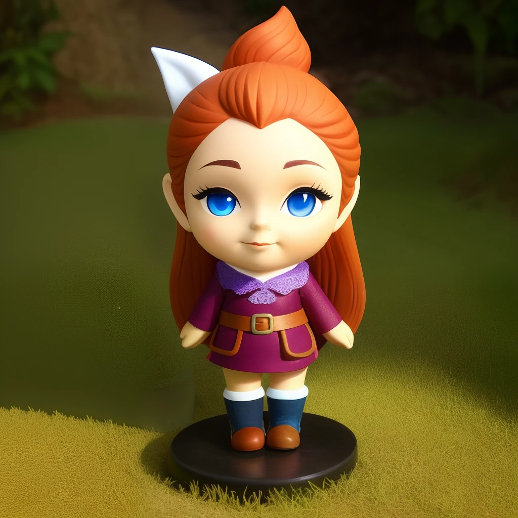 adult female gnome. with large ears and nose homely features and violet eyes. very short wild light reddish blonde hair. 3 feet tall. weares simple leather travelling clothes