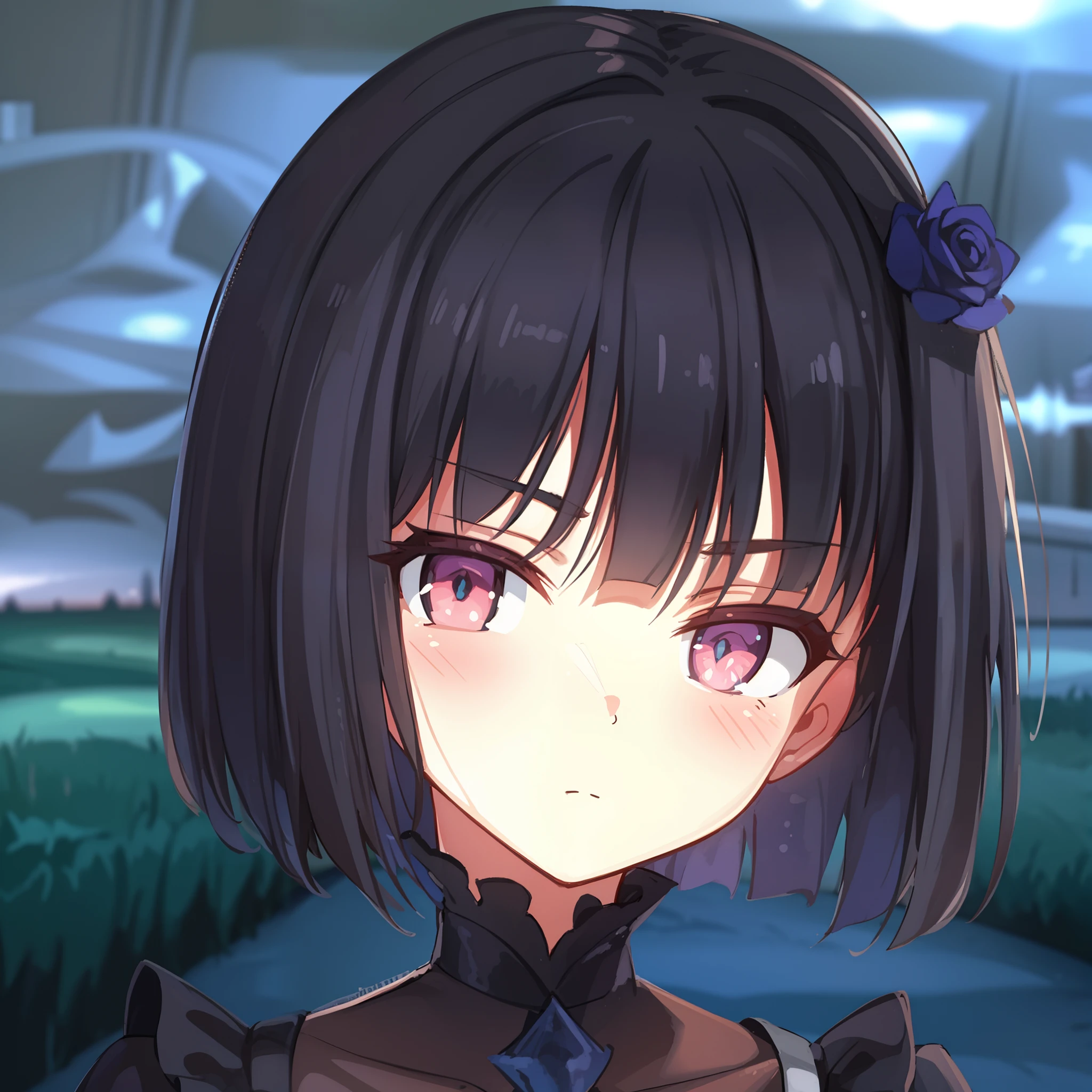 hiquality, tmasterpiece (one girls) indifferent face. cold gaze. darkest. purple rose on hair. Dark gothic outfit. Against the background of the sky. grass.