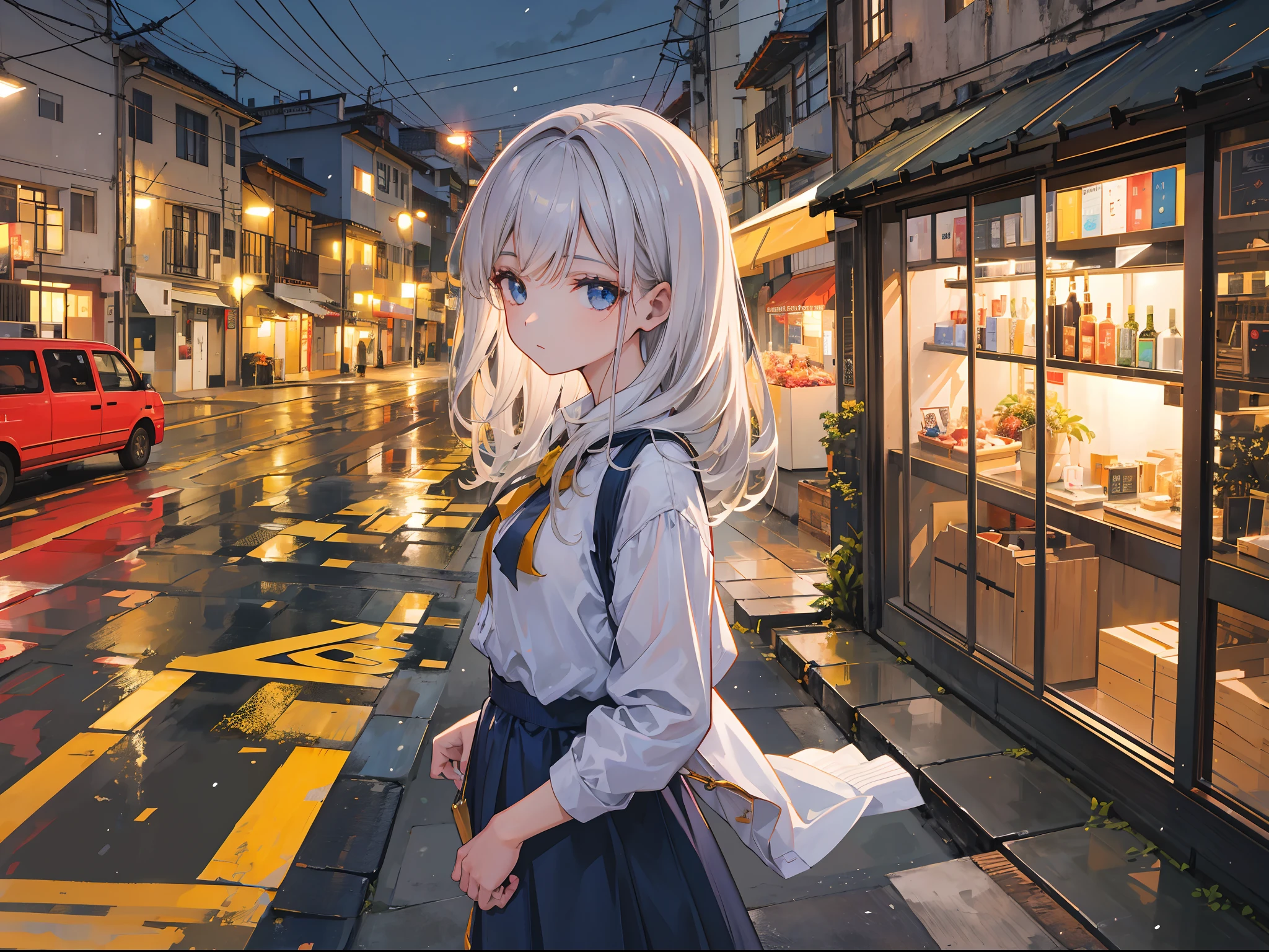 garota jovem, cabelos loiros , chuva, cidade, noite, luz vermelha, luz amarela, roupa branca, guarda chuva, rosto lindo, rosto triste