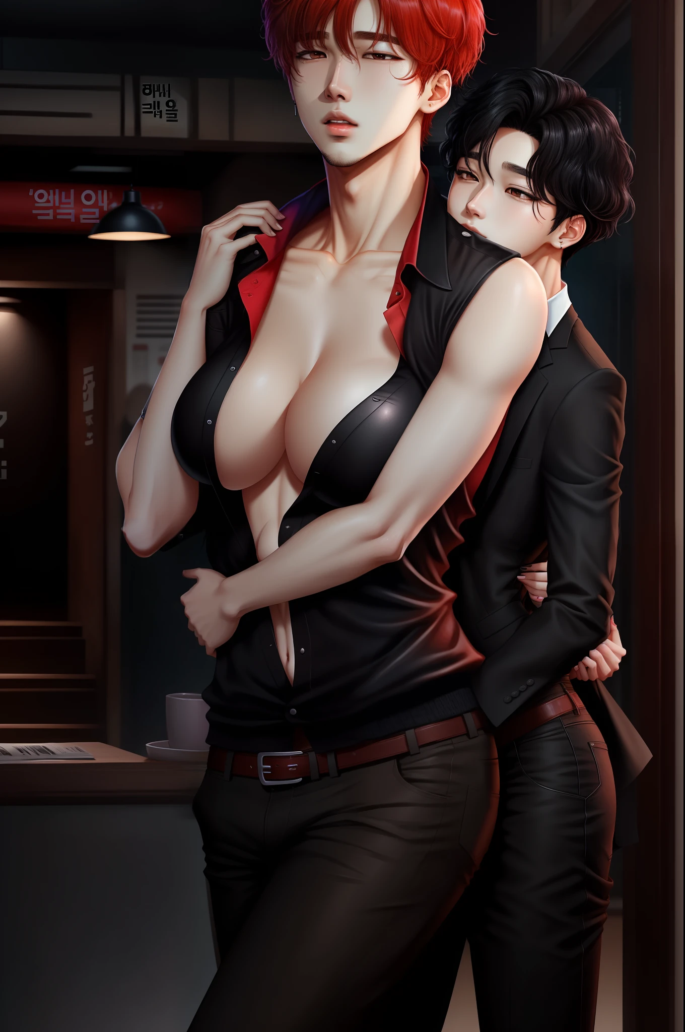 A short girl with ginger colored hair and dark eyes and middle long wolfcut, dark brown eyes, manwha art style, big breasts, the girl gets hugged from the behind by an tall handsome boy who looks Korean and similar to jimin from bts, the boy got black hair and black eyes,