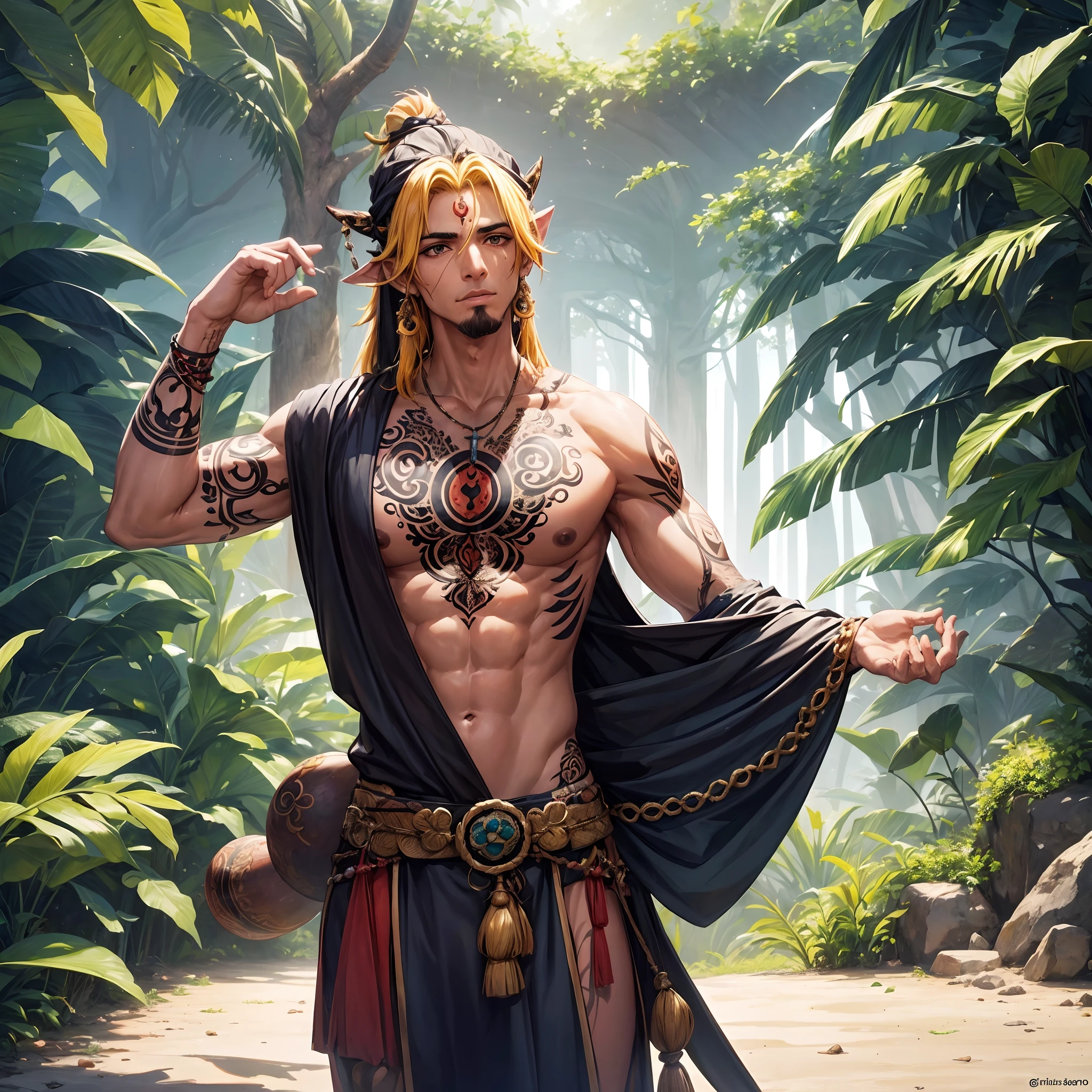 (Mejor calidad,4k,8k,high resolusion:1.2),Ultra - detallado,Realista,fotorrealista:1.37,((hombre ))rudo rapado con tatuajes por todo el cuerpo, vestido de monje en un templo del amazonas - **Apariencia**: Rudo, rapado, tatuajes por todo el cuerpo. - **Vestimenta**: Monk Robe. - **Tatuajes**: Intrincados, tribales, Symbols of Mystical Tribes and Animals. - **Mirada**: Intensa, determinada, sabia. - **Ambiente**: Templo en la selva del Amazonas, connection to nature.mirada desafiante con gesto grosero
