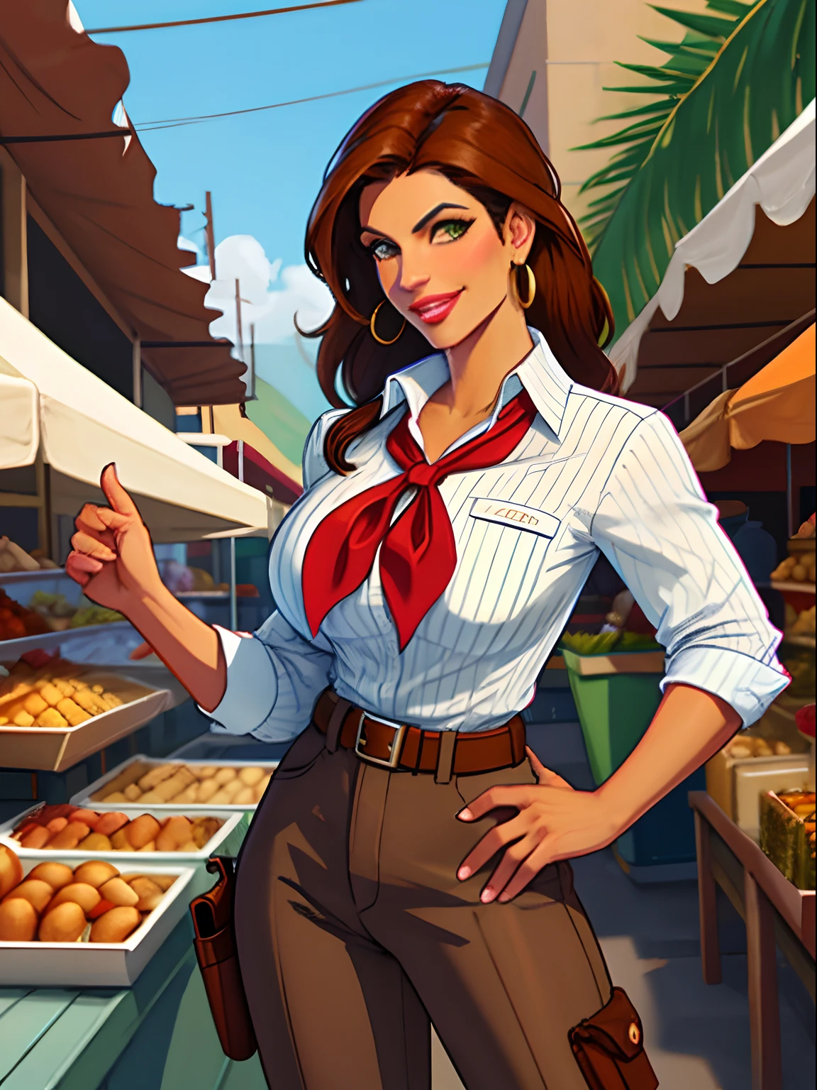 Denise Milani, latina, bronze skin, Hispanic, dark skin, solo, 1girl, brown hair, long hair, red neckerchief, Denise Milani body type, beautiful, smile, Amazon River explorer from the 1920s, gun holster on hip, gun in holster, white pinstripe button up shirt, shirt unbuttoned, shirt tucked into brown pants, Brazilian market, shops, vendors, outside, chatting with viewer, holding ore
