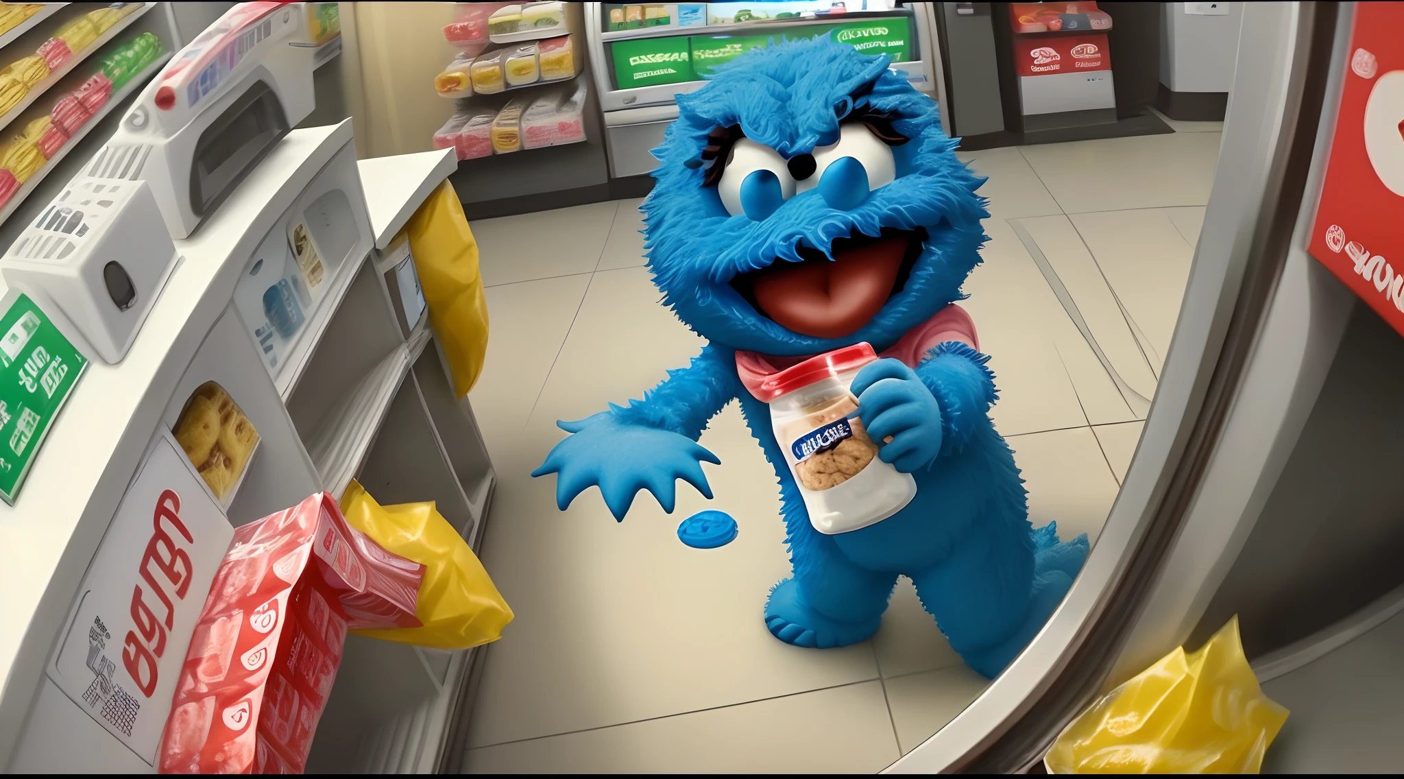 The cookie monster throwing up in a gas station on CCTV