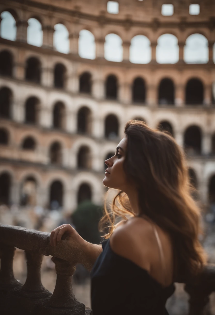 femme cheveux brun aduler regarde devant elle fond rome colisee