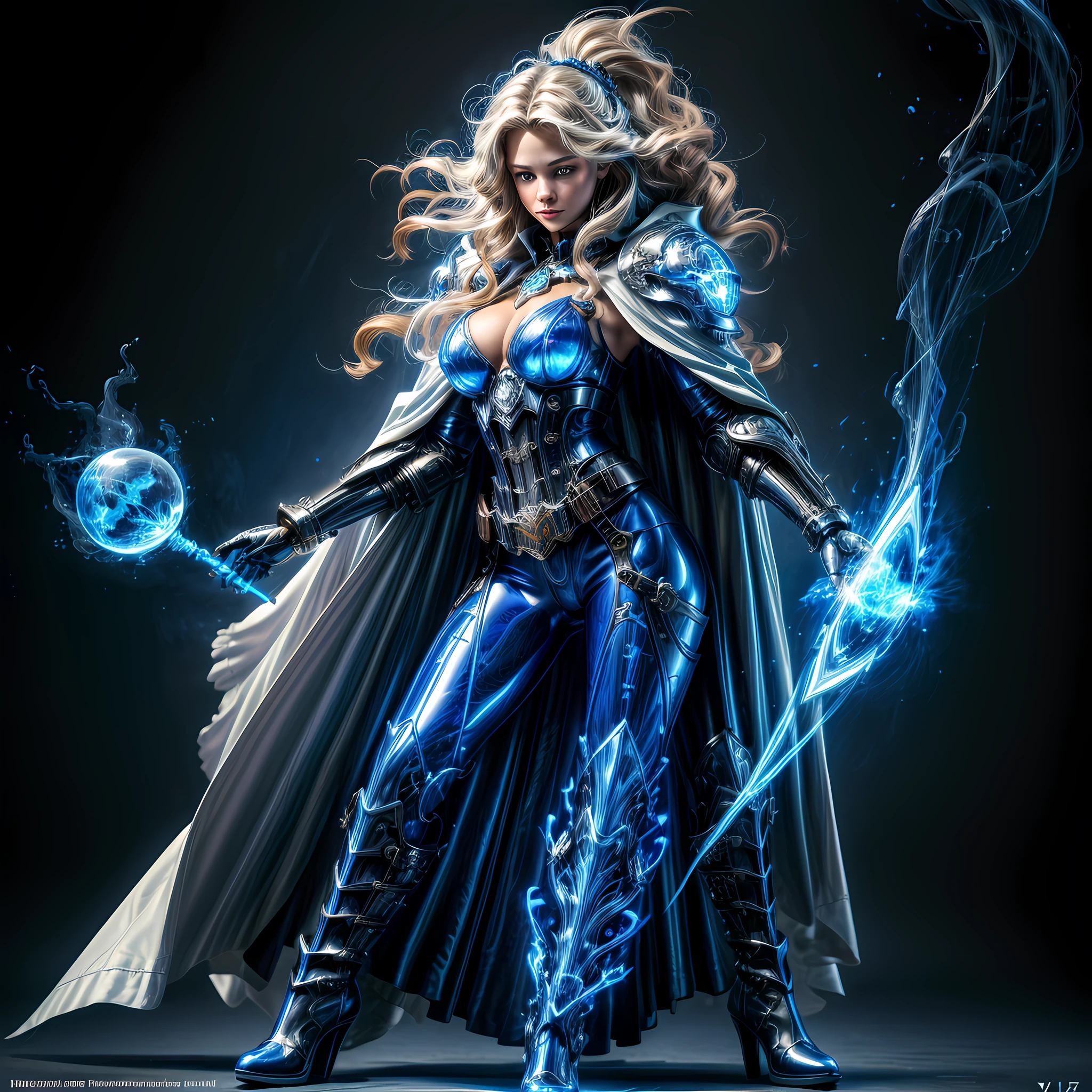 ffantasy art, steampunk art, RPG art, photograph, RAW,  Best Detailed, picture of a mecha woman wizard, standing proudly, manipulating magical blue fire, extremely beautiful woman (best Detailed, Masterpiece, Hyperrealistic: 1.5) blond hair, rich hair, wavy hair, dynamic eyes color, wearing black and white dress, wearing (white cloak: 1.2), wearing (pantyhose: 1.2), wearing high heeled boots, laces boots, make up, steampunk laboratory background, ultra best realistic, best details, best quality, 16k, [ultra detailed], masterpiece, best quality, (extremely detailed), ultra wide shot, photorealism, depth of field, hyper realistic painting, GlowingRunes_purple, blue fire, mechanical parts