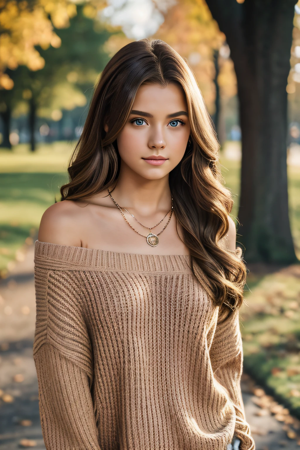 photo-realistic perspective color Eye-Level Shot, 1girl, teen, teen model, light brown hair, long hair, hair behind ear, exposed shoulder, jewerly, off the body sweater, elegant necklace, cinematic lighting, outside, in the park, DSLR, 35mm, f/1.8, Fujicolor, HDR, highres, 8k, 4k,