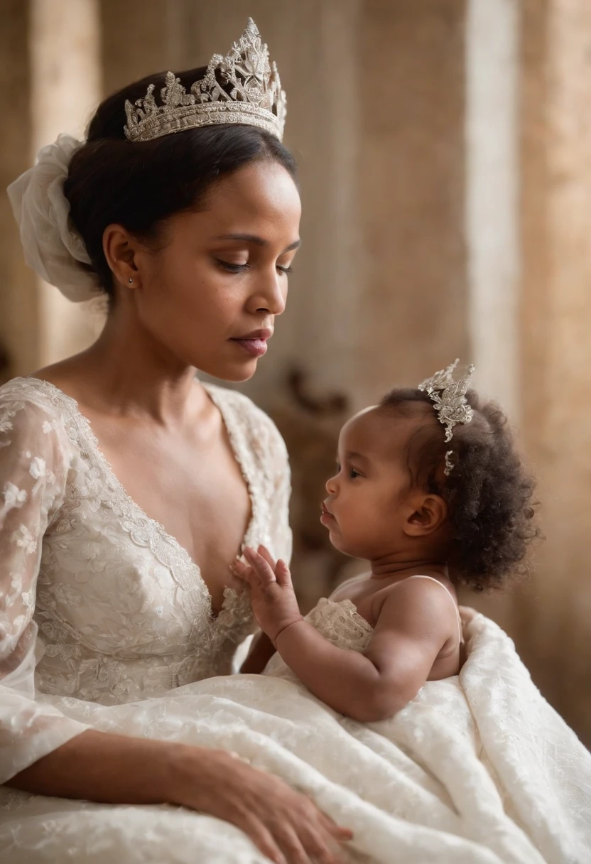 The Last Malagasy Queen, debout avec une jolie robe de reine, sans couronne,avec elle une femme, sa soeur, in a bed that had just given birth to her