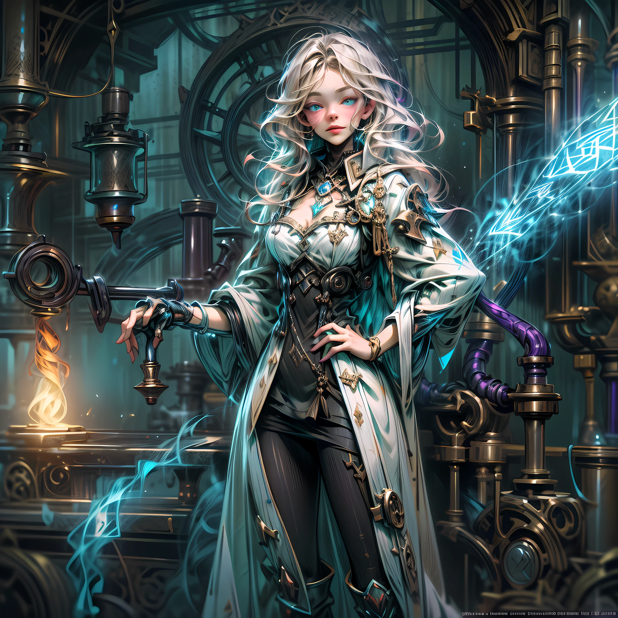ffantasy art, steampunk art, RPG art, photograph, RAW,  Best Detailed, picture of a mecha woman wizard, standing proudly, manipulating magical blue fire, extremely beautiful woman (best Detailed, Masterpiece, Hyperrealistic: 1.5) blond hair, rich hair, wavy hair, dynamic eyes color, wearing black and white dress, wearing (white cloak: 1.2), wearing (pantyhose: 1.2), wearing high heeled boots, laces boots, make up, steampunk laboratory background, ultra best realistic, best details, best quality, 16k, [ultra detailed], masterpiece, best quality, (extremely detailed), ultra wide shot, photorealism, depth of field, hyper realistic painting, GlowingRunes_purple, blue fire, mechanical parts