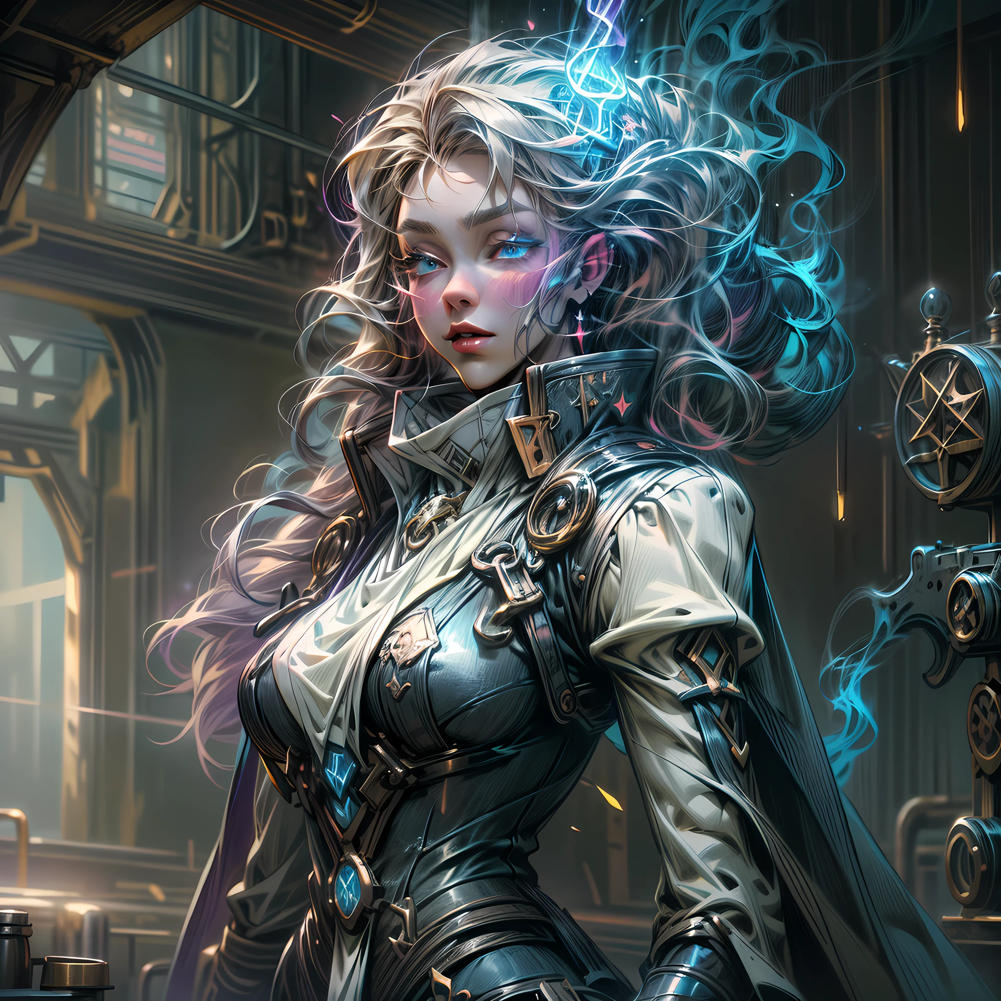 ffantasy art, steampunk art, RPG art, photograph, RAW,  Best Detailed, picture of a mecha woman wizard, standing proudly, manipulating magical blue fire, extremely beautiful woman (best Detailed, Masterpiece, Hyperrealistic: 1.5) blond hair, rich hair, wavy hair, dynamic eyes color, wearing black and white dress, wearing (white cloak: 1.2), wearing (pantyhose: 1.2), wearing high heeled boots, laces boots, make up, steampunk laboratory background, ultra best realistic, best details, best quality, 16k, [ultra detailed], masterpiece, best quality, (extremely detailed), ultra wide shot, photorealism, depth of field, hyper realistic painting, GlowingRunes_purple, blue fire, mechanical parts