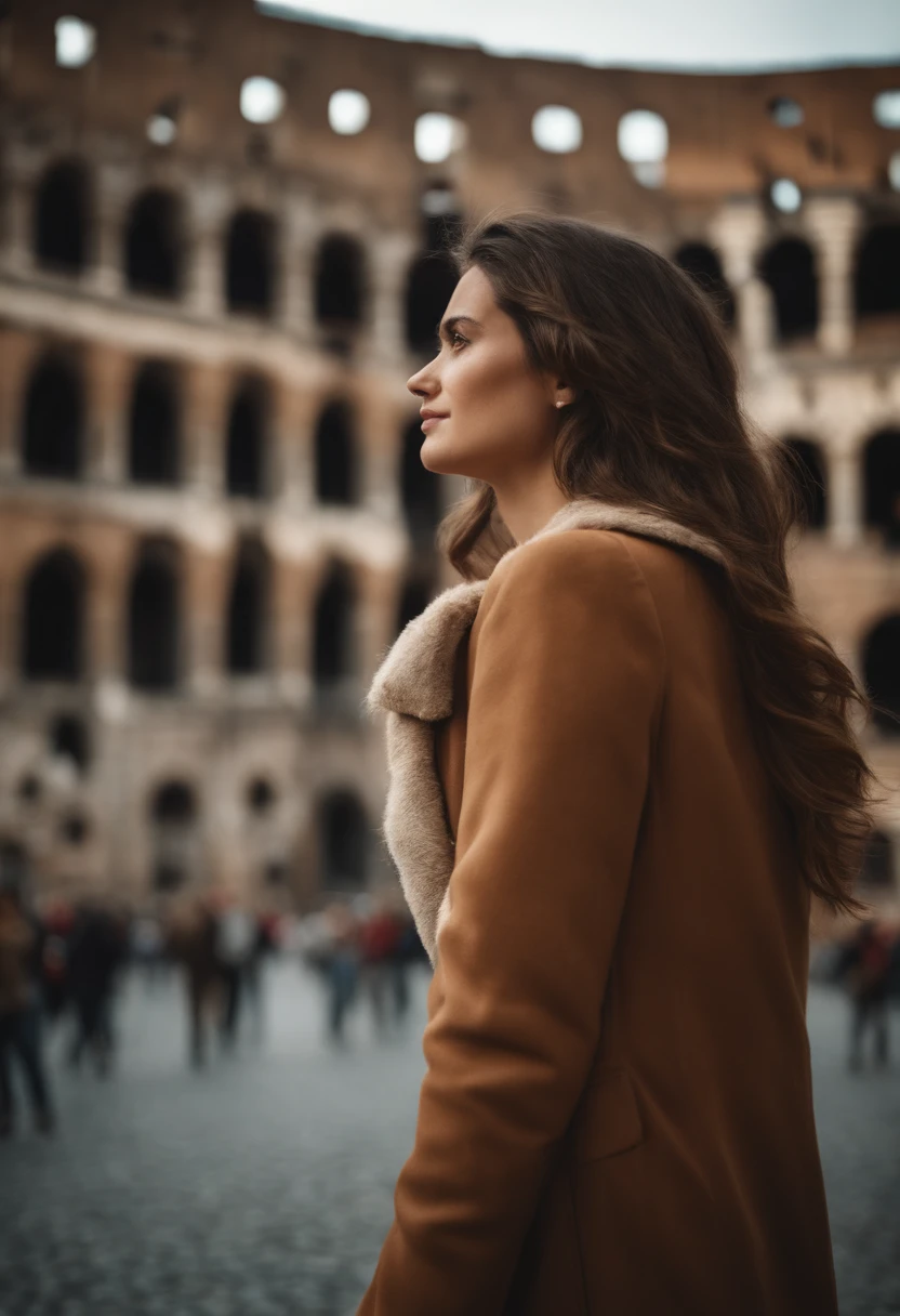 femme cheveux brun aduler regarde droit devant elle age 20 ans fond rome colisee