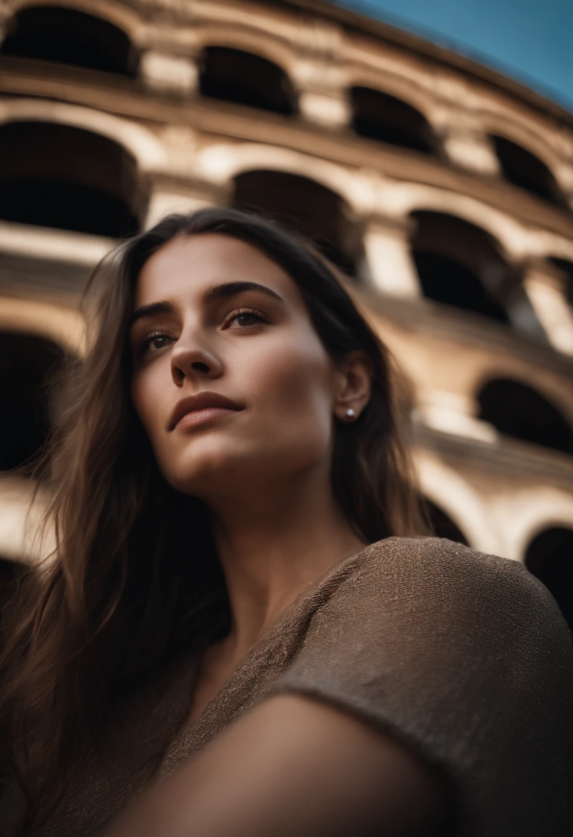 femme cheveux brun aduler regarde droit devant elle age 20 ans fond rome colisee