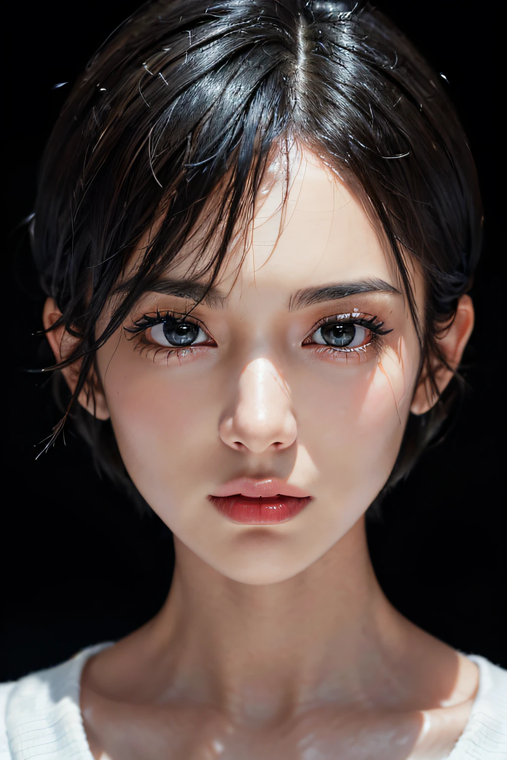 (Highest quality:1.4),(masterpiece:1.4),(Realistic:1.4),(Realistic:1.2),(超High resolution, RAW Photos:1.4),(High resolution, Very detailed:1.2),(8K:1.2),Cinematography,a photo of a dark-haired,Her hairstyle is a short bob with bangs...,One Girl,alone,(nude),((Upper Body:1.3))