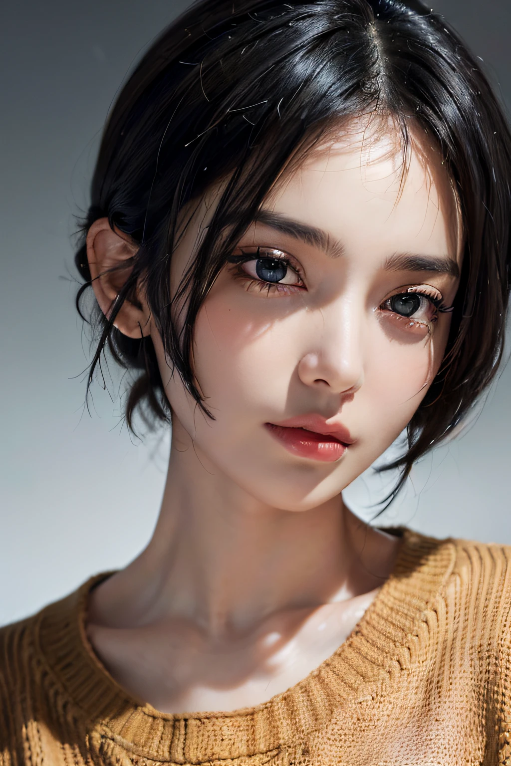 (masterpiece:1.3), (8k, photorealistic, RAW photo, best quality: 1.4), (1girl), beautiful face, (realistic face), (black hair, short hair:1.3), beautiful hairstyle, realistic eyes, beautiful detailed eyes, (realistic skin), beautiful skin, (sweater), absurdres, attractive, ultra high res, ultra realistic, highly detailed, golden ratio