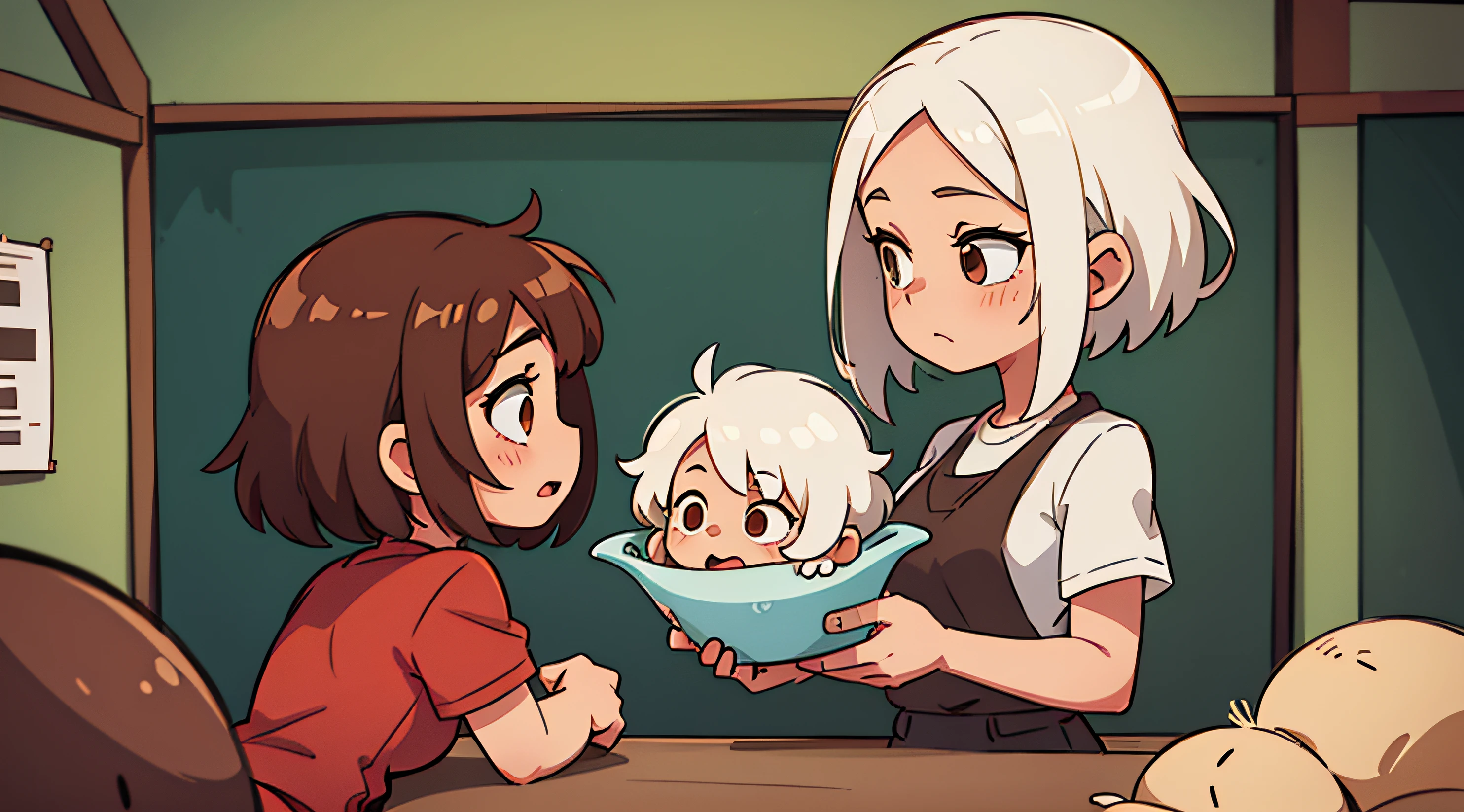 A girl with brown hair and a girl with white hair in the basement