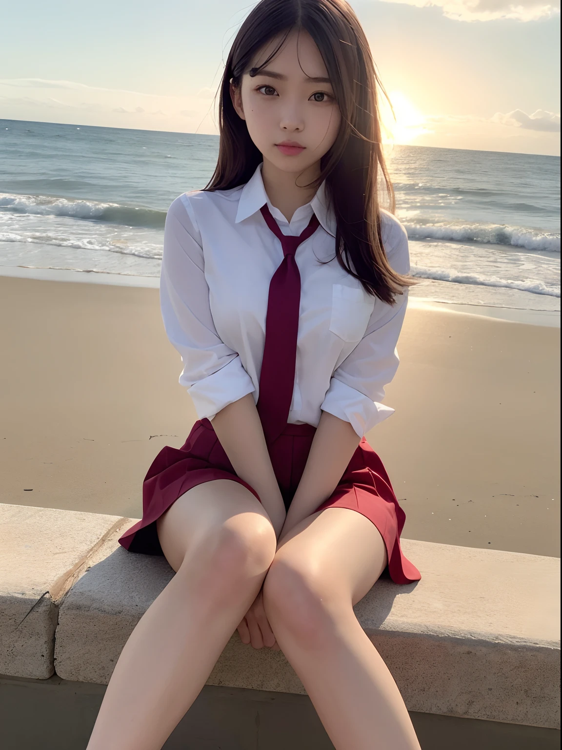 ultra highres,(reality: 1.4),highest quality, masterpiece, high detail, 16K quality, beautiful, 1 beautiful girl,japanese,super beautiful face,baby face,japanese idol face,cute face,super detailed face,detailed hand,beautiful skin,sweaty skin,big eyes,smile,profeccional lighting,medium hair,black hair,brown beautiful eyes, naked on white shirt,open shirt,bare breasts,sitting with knee up,spread legs,(red check skirt),(skirt lift),(((showing pussy))),(detailed pussy),medium breasts,black high socks,she is looking at the camera,beach,beautiful blue ocean,blue sky,nsfw,from front,