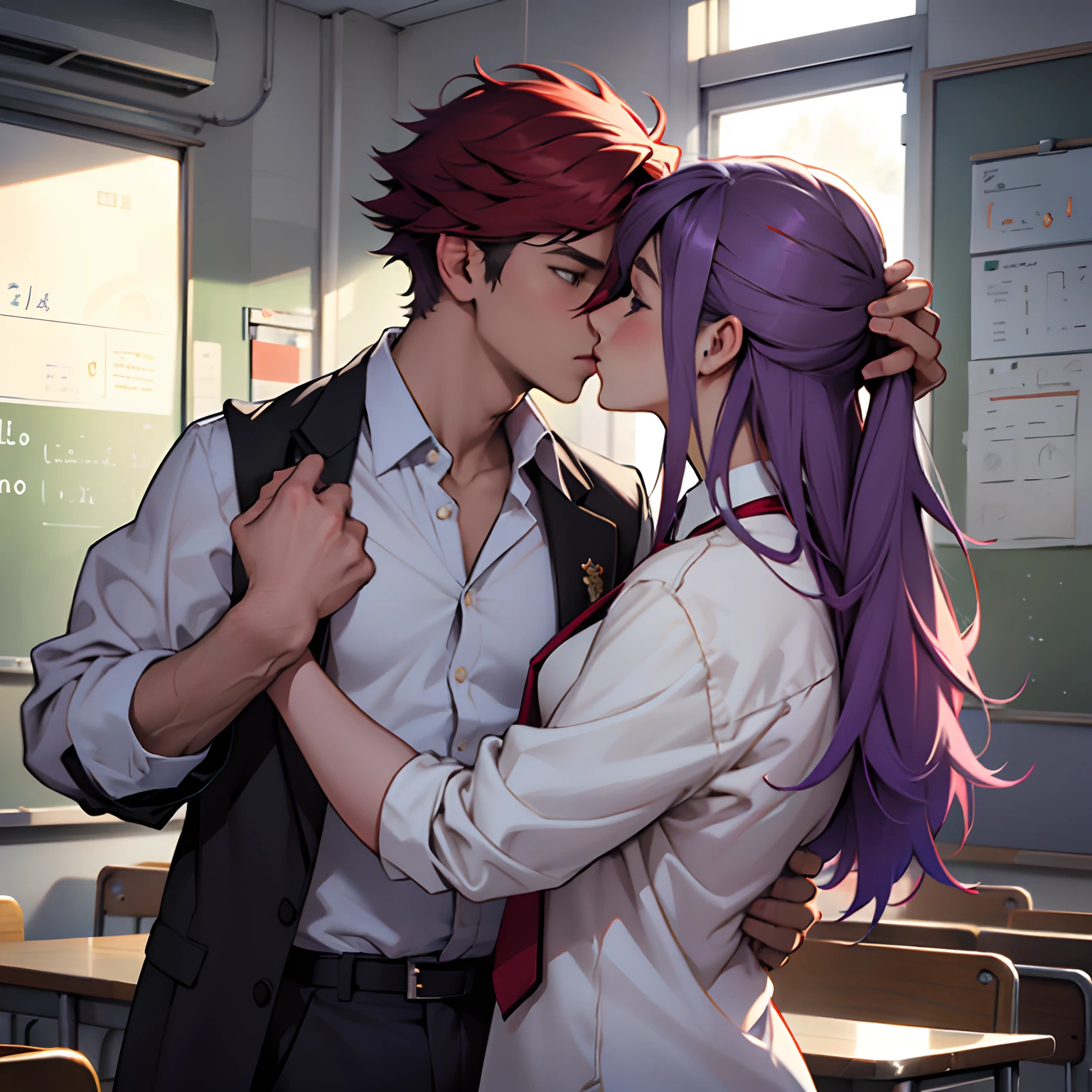 Guy with red hair. Girl with purple hair. . Girl with long hair. the kiss. school. high school uniform. school. Evening . A guy with short hair. The guy ran his hand through the girl's hair. Girl kisses guy. Guy slowly undresses. school classroom. Shirtless Guy. naked torso. girl wearing school uniform. Guy without a t-shirt. Dressed girl. Girl kisses guy. Guy reaching for a girl. the kiss. evening.