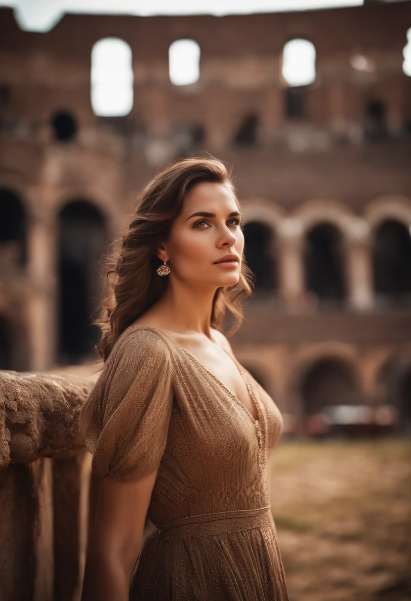 Realistic Woman Brown Hair Aduler Looks Straight Ahead Age 20 Years Held Sexy Background Rome Colosseum