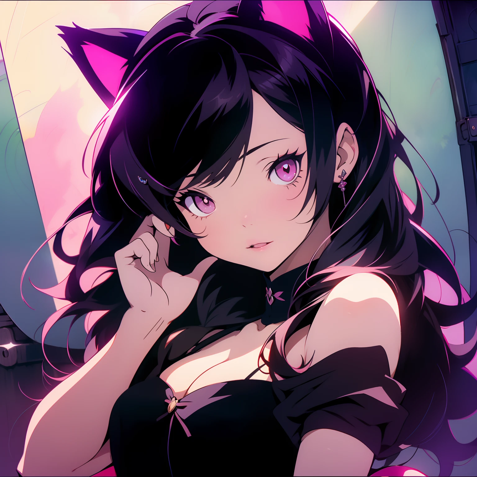 (masutepiece, Best Quality), Beautiful Girl, blackdress、The chest is open、shoulders can be seen、mirror ball、Bright live house、microphone stand、The face is bulging、I close one eye、Close one eye
Puffy cheeks、Live streaming、singer, (Detailed beautiful eyes) Medium Body Shot, Long Black Hair, Cat's ears、Cat's ears、Cat Ear Hair Band, Colossal tits、Seductive look, Ultra-detailed pink eyes,