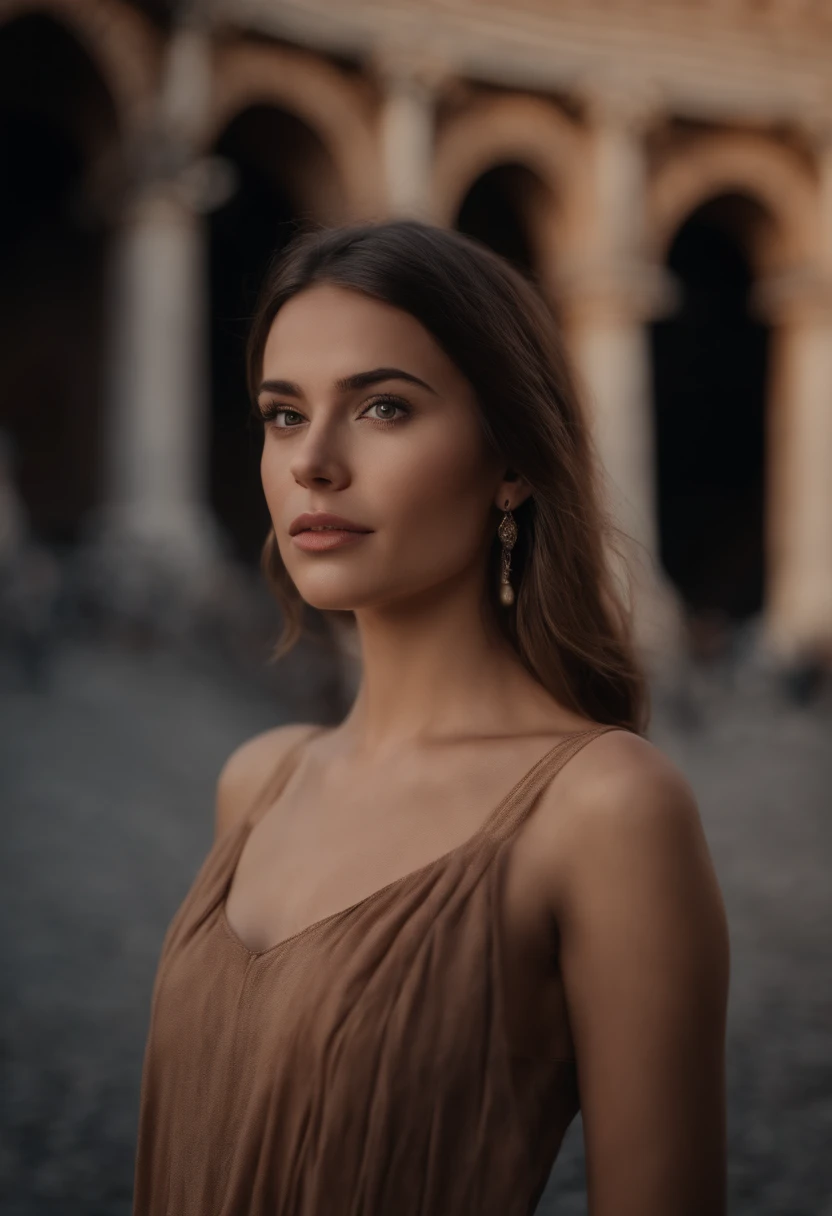 Realistic Woman Brown Hair Aduler Looks Straight Ahead Age 20 Years Old Held Sexy Background Rome Colosseum