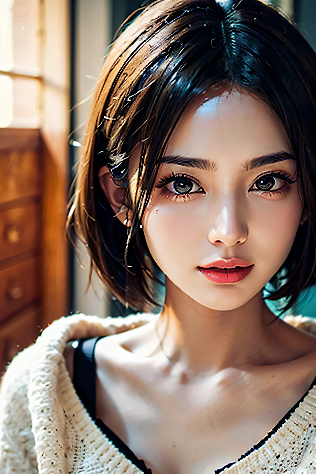 (masuter piece:1.3)、(8k、Photorealsitic、RAW Photography、top-quality: 1.4)、(1girl)、beautiful countenance、(lifelike face)、(A dark-haired、short-hair:1.3)、Beautiful hairstyle、realisticeyes、Beautiful details、（real looking skin）、Beautiful skins、（Sweaters）、absurderes、enticing、超A high resolution、A hyper-realistic、high-detail、the golden ratio、18year old、bustup