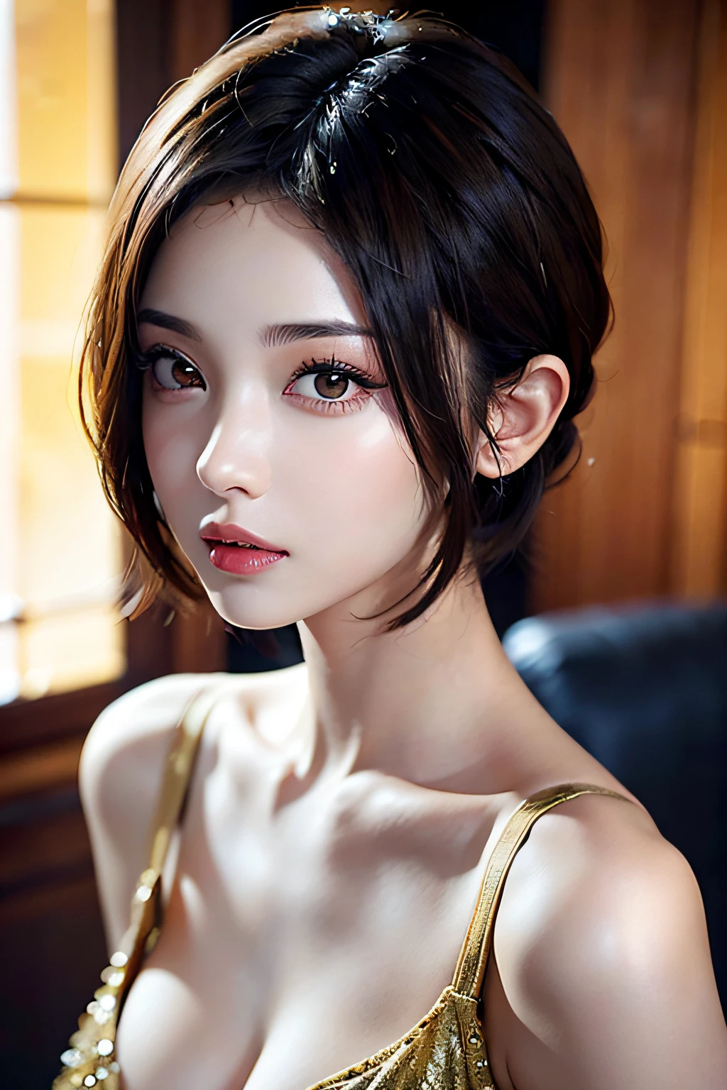 (masuter piece:1.3)、(8k、Photorealsitic、RAW Photography、top-quality: 1.4)、(1girl)、beautiful countenance、(lifelike face)、(A dark-haired、short-hair:1.3)、Beautiful hairstyle、realisticeyes、Beautiful details、（real looking skin）、Beautiful skins、（Sweaters）、absurderes、enticing、超A high resolution、A hyper-realistic、high-detail、the golden ratio、、Beautiful makeup、The upper part of the body