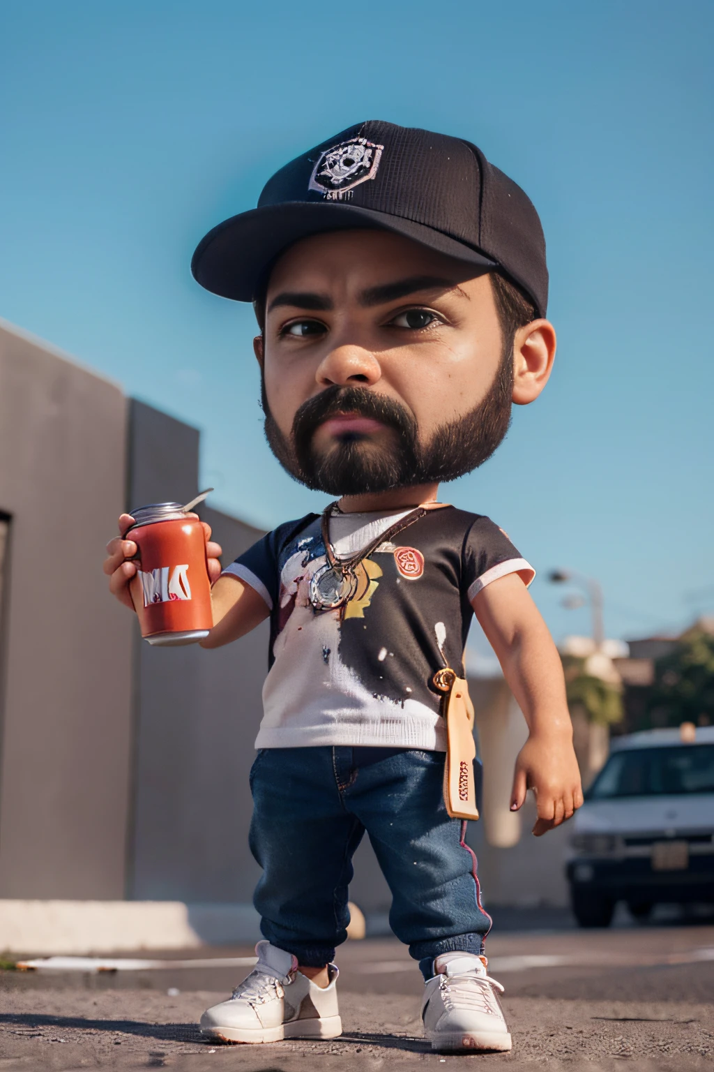 Super estilo ,NicePintor de Arte Urbana, hip hop 30 anos, barba no rosto, Nice Chibi, super estiloso, Cores da roupa: vermelho, branco e preto, street fashion cap, Installation of "apontar": Extends your right arm in the direction of the right, apontando com o dedo indicador, Maintain an expression of determination. , Holding can of spray paint in my hand, fundo cinza,..........3d, 8k,