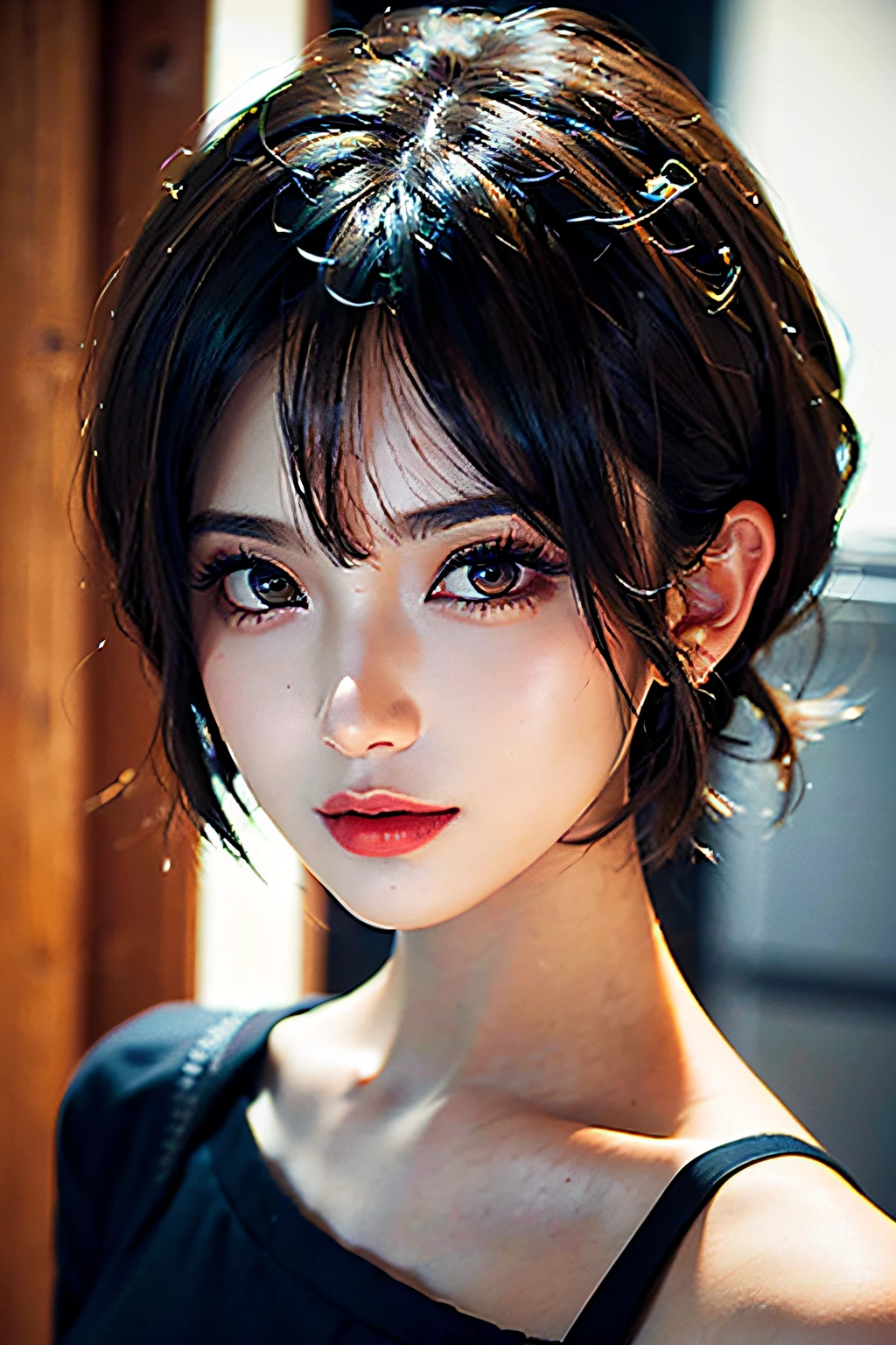 (masuter piece:1.3)、(8K、Photorealsitic、Raw photography、top-quality: 1.4)、(1girl in)、beautiful countenance、(Lifelike face)、(A dark-haired、Bery short hair:1.3)、Beautiful hairstyle、realisticeyes、Beautiful details、(real looking skin)、Beautiful skins、(Sweaters)、absurderes、enticing、超A high resolution、A hyper-realistic、high-detail、the golden ratio、、Beautiful makeup、The upper part of the body、Slimed