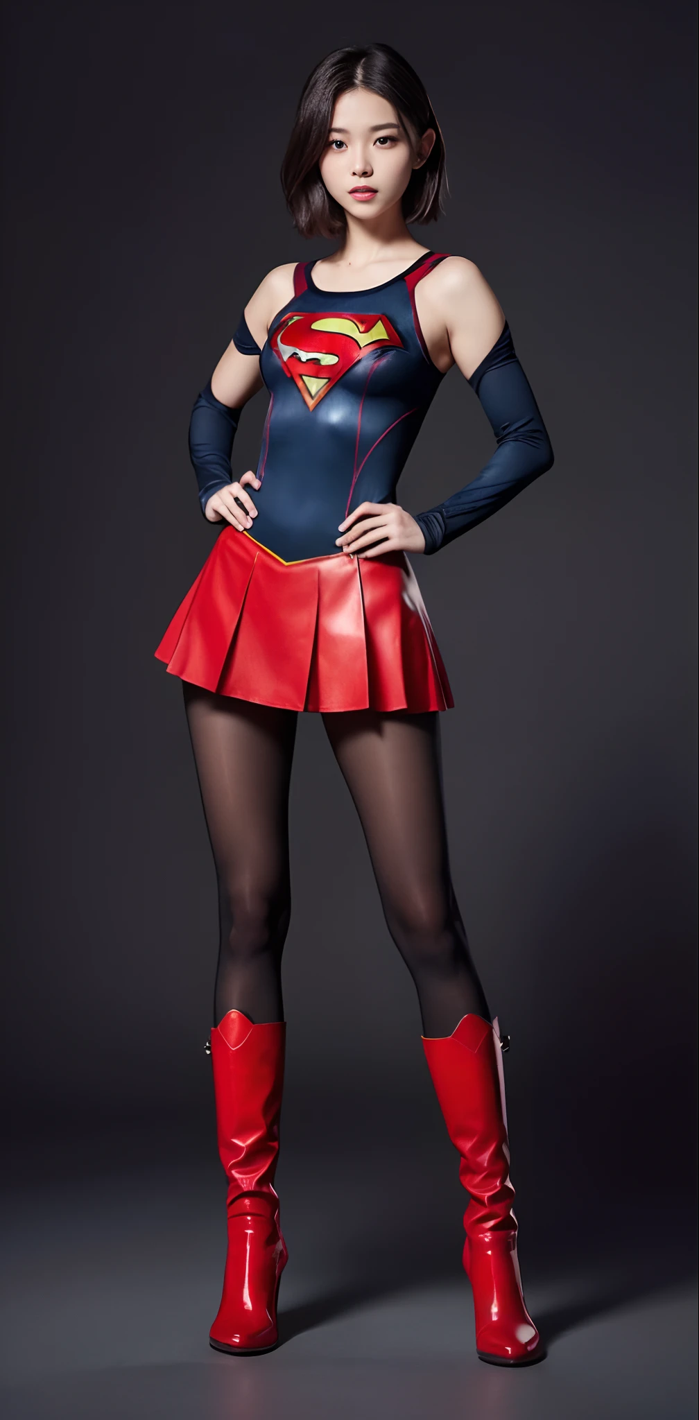 (((Wear black tights on your beautiful legs.)))、(((Grow legs、tall、beauty legs)))、(((facial expression of smile)))、((((Make the most of the original image)))、(((Supergirl Costume)))、(((shiny short hair)))、(((Suffering)))、(((Feet must necessarily be worn with black tights)))、(((You need to wear red boots)))、((Top image quality、8K))、((top-quality、8K、​masterpiece:1.3))、(((Keep your background simple)))、Crisp focus:1.2、Beautiful woman with perfect body shape:1.4、Slender Abs:1.2、a wet body:1.5、Highly detailed facial and skin texture、