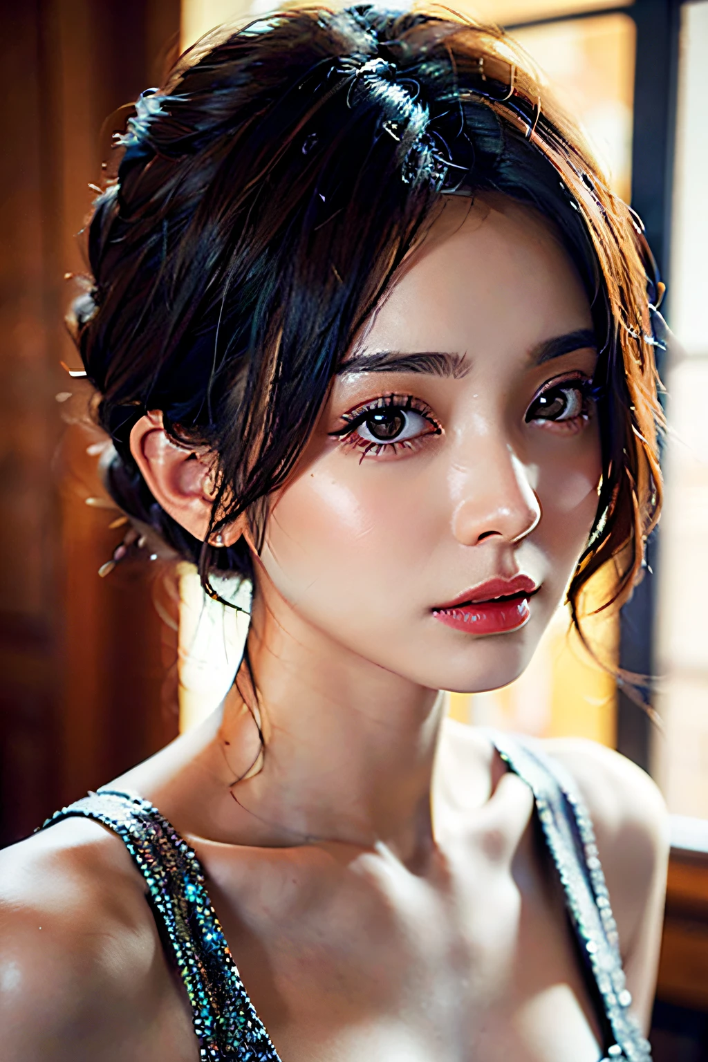 (masuter piece:1.3)、(8K、Photorealsitic、Raw photography、top-quality: 1.4)、(1girl in)、beautiful countenance、(Lifelike face)、(A dark-haired、Bery short hair:1.3)、Beautiful hairstyle、realisticeyes、Beautiful details、(real looking skin)、Beautiful skins、(Sweaters)、absurderes、enticing、超A high resolution、A hyper-realistic、high-detail、the golden ratio、sixteen years old、Beautiful makeup、The upper part of the body、Slimed