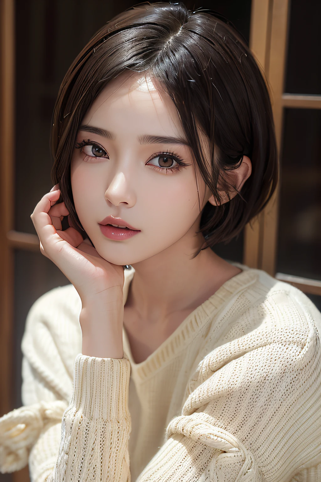 (masuter piece:1.3)、(8K、Photorealsitic、Raw photography、top-quality: 1.4)、(1girl in)、beautiful countenance、(Lifelike face)、(A dark-haired、Bery short hair:1.3)、Beautiful hairstyle、realisticeyes、Beautiful details、(real looking skin)、Beautiful skins、(Sweaters)、absurderes、enticing、超A high resolution、A hyper-realistic、high-detail、the golden ratio、sixteen years old、Beautiful makeup、cowboy shot、Slimed