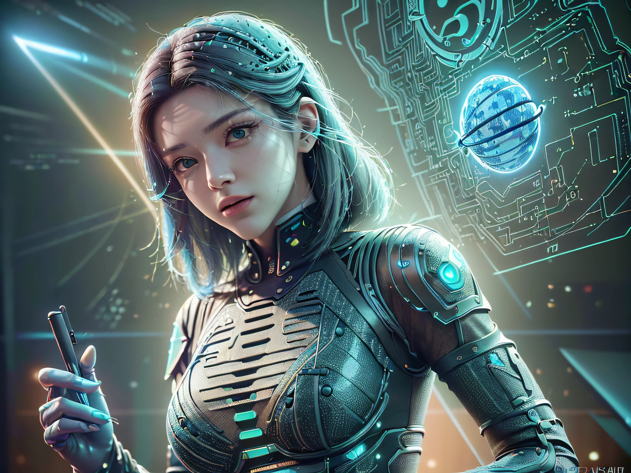 ((best quality)), ((master part)), (circunstanciado:1.4), ..3d, uma bela figura feminina cyberpunk com cabelos grossos, dentro, looking at an electronic screen, Pensando nos problemas, Parecendo focado, holding an electronic pen in your hand, Dentro da nave espacial, (((photo in seven dimensions)), (Full-cover electronic leather clothing), luminescence, light particles, (((brilhar)), energia pura caos anti-tecnologia, HDR (high dynamic range), (alto contraste claro e escuro), ray tracing, NVIDIA RTX, Super-Resolution, irreal 5, Subsurface scattering, PBR Texturing, Post-processing, anisotropic filtering, Profundidade de campo, Maximum clarity and sharpness, Texturas multicamadas, Mapas de Albedo e Especular, surface shading, Precise simulation of light-material interactions, perfectly proportions, octan render, Two-tone lighting, grande abertura, ISO baixo, White balance, rule of thirds, 8K BRUTO