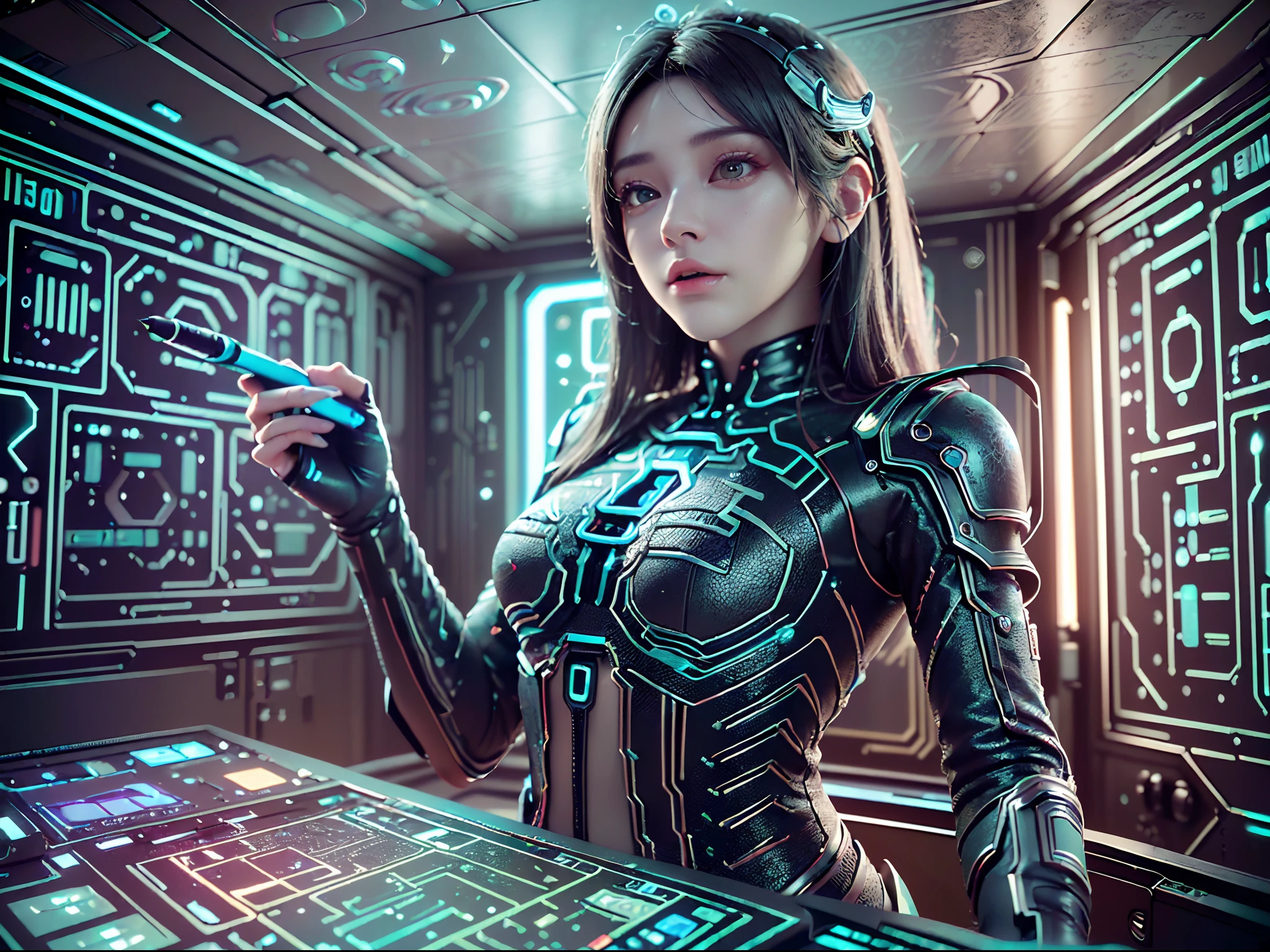 ((best quality)), ((master part)), (circunstanciado:1.4), ..3d, uma bela figura feminina cyberpunk com cabelos grossos, dentro, looking at an electronic screen, Pensando nos problemas, Parecendo focado, holding an electronic pen in your hand, Dentro da nave espacial, (((photo in seven dimensions)), (Full-cover electronic leather clothing), luminescence, light particles, (((brilhar)), energia pura caos anti-tecnologia, HDR (high dynamic range), (alto contraste claro e escuro), ray tracing, NVIDIA RTX, Super-Resolution, irreal 5, Subsurface scattering, PBR Texturing, Post-processing, anisotropic filtering, Profundidade de campo, Maximum clarity and sharpness, Texturas multicamadas, Mapas de Albedo e Especular, surface shading, Precise simulation of light-material interactions, perfectly proportions, octan render, Two-tone lighting, grande abertura, ISO baixo, White balance, rule of thirds, 8K BRUTO